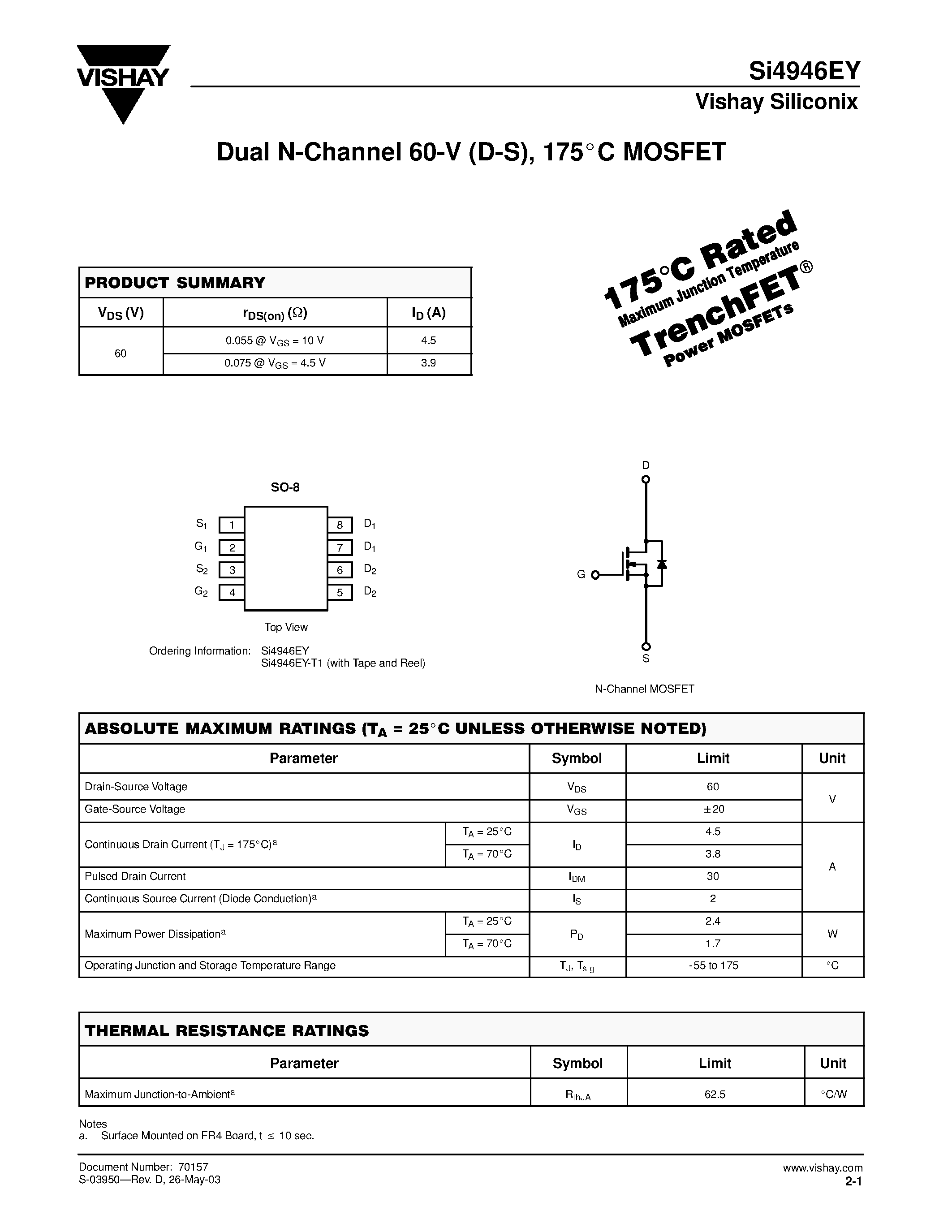 Даташит Si4946EY-T1 - Dual N-Channel 60-V (D-S)/ 175C MOSFET страница 1