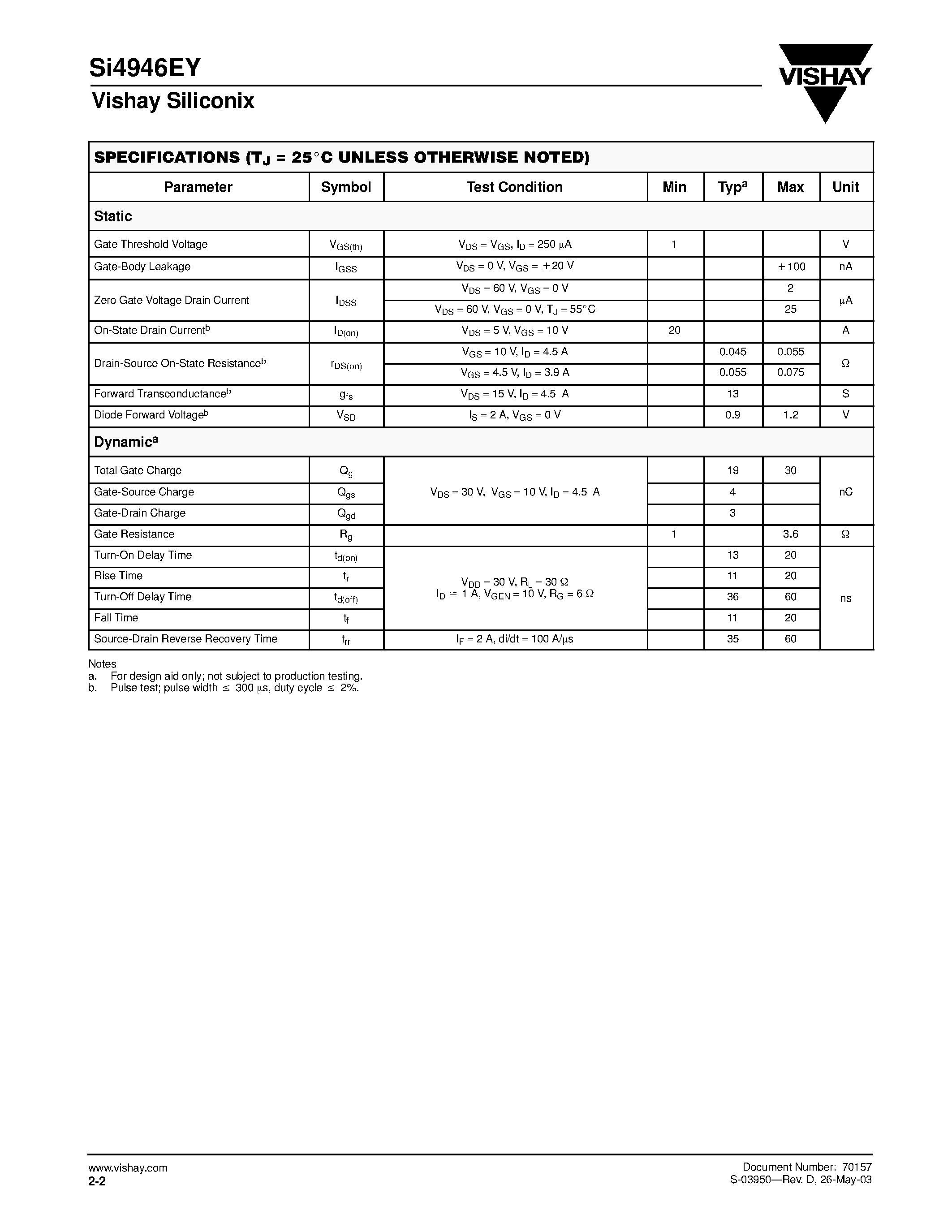 Даташит Si4946EY-T1 - Dual N-Channel 60-V (D-S)/ 175C MOSFET страница 2