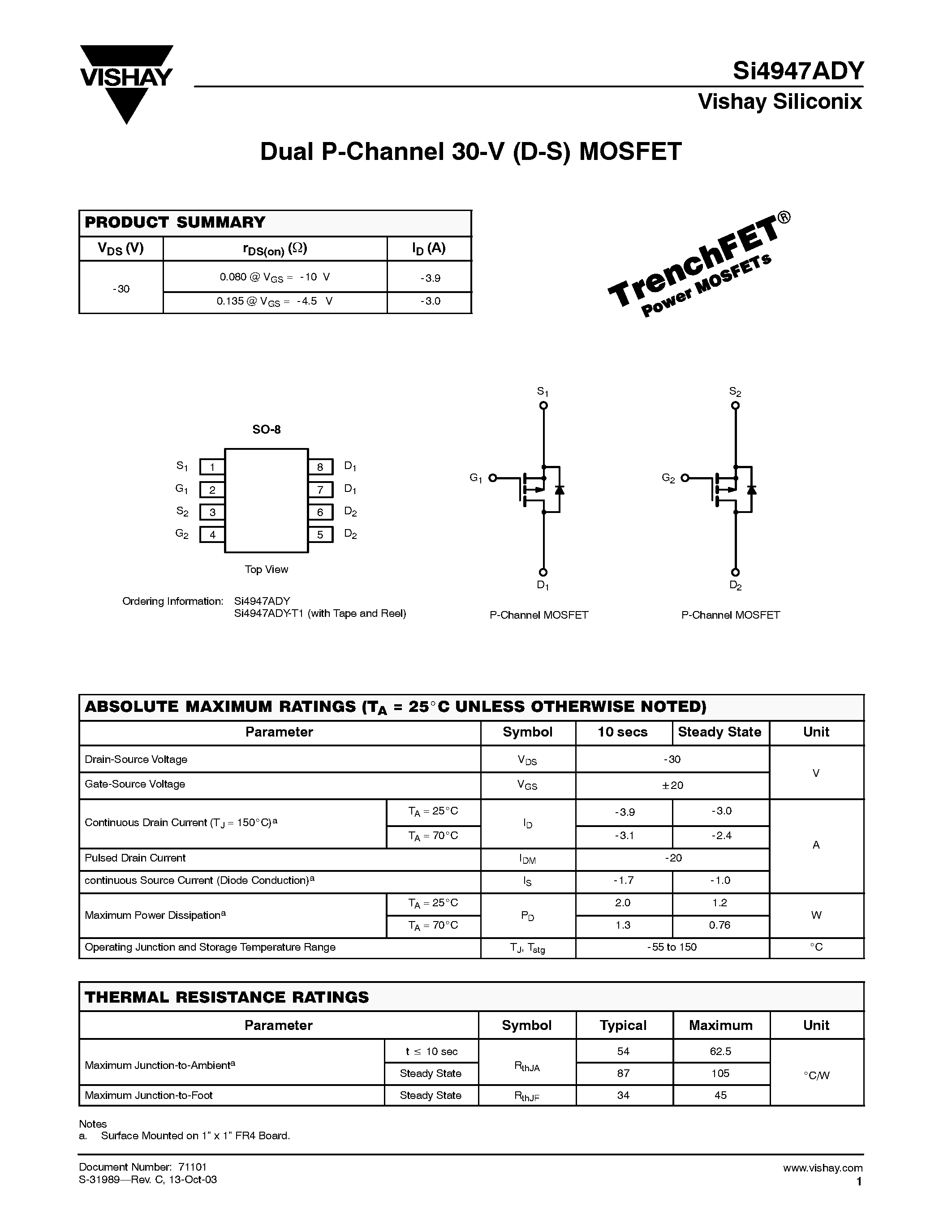 Даташит на микросхему SI4947ADY страница 1 Даташит SI4947ADY - Dual P-Channel 30-V (D-S) MOSFET страница 1