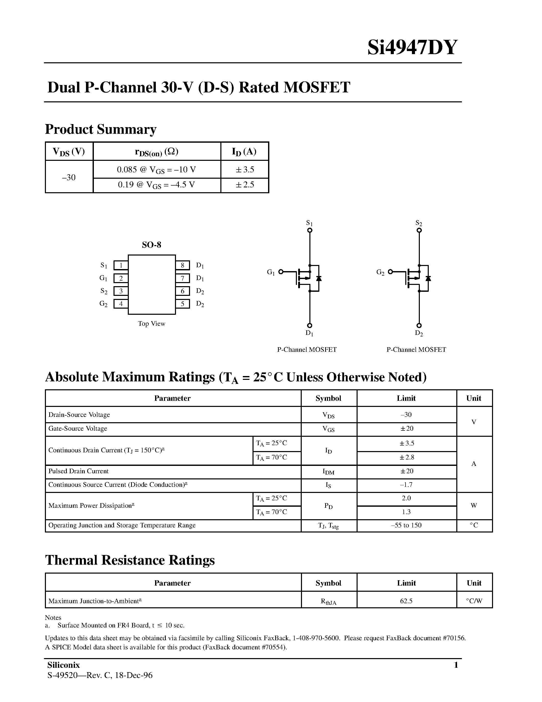 Даташит на микросхему SI4947DY страница 1 Даташит SI4947DY - Dual P-Channel 30-V (D-S) Rated MOSFET страница 1