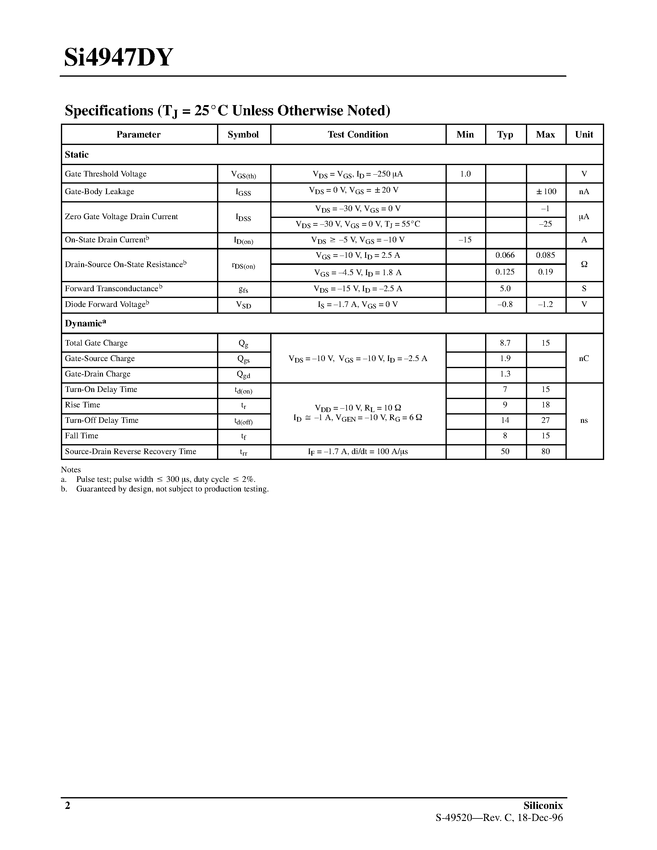 Даташит на микросхему SI4947DY страница 2 Даташит SI4947DY - Dual P-Channel 30-V (D-S) Rated MOSFET страница 2
