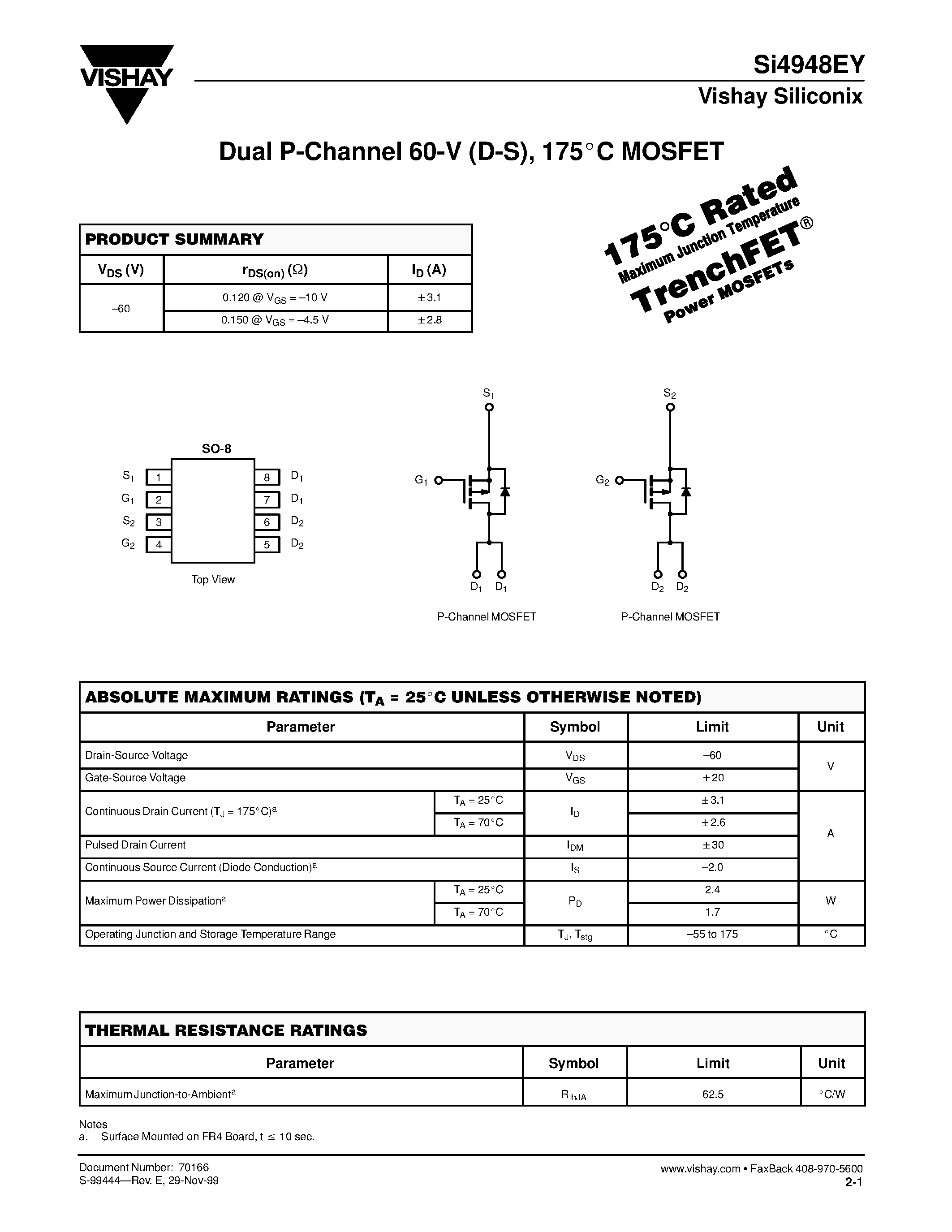Даташит на микросхему SI4948EY страница 1 Даташит SI4948EY - Dual P-Channel 60-V (D-S)/ 175C MOSFET страница 1