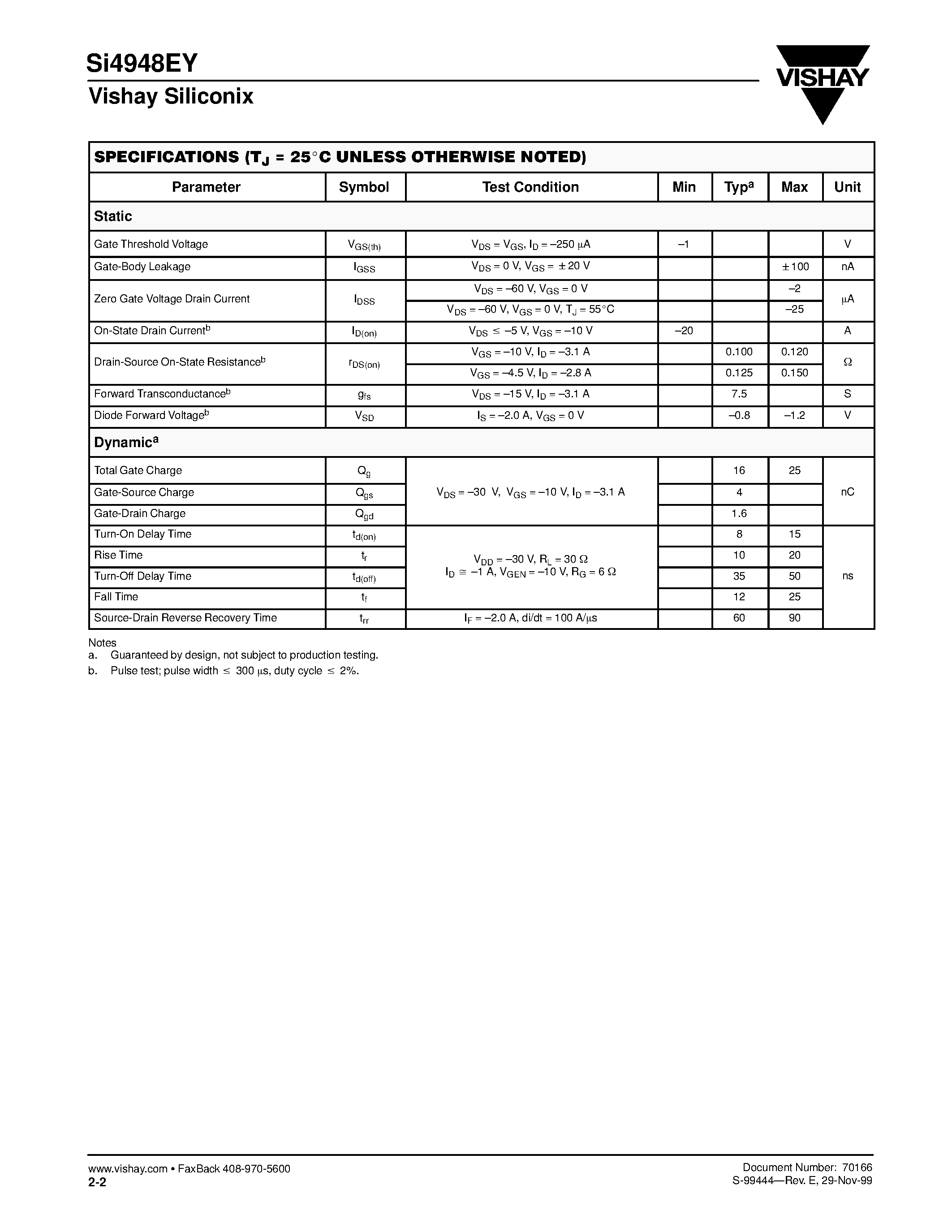 Даташит на микросхему SI4948EY страница 2 Даташит SI4948EY - Dual P-Channel 60-V (D-S)/ 175C MOSFET страница 2