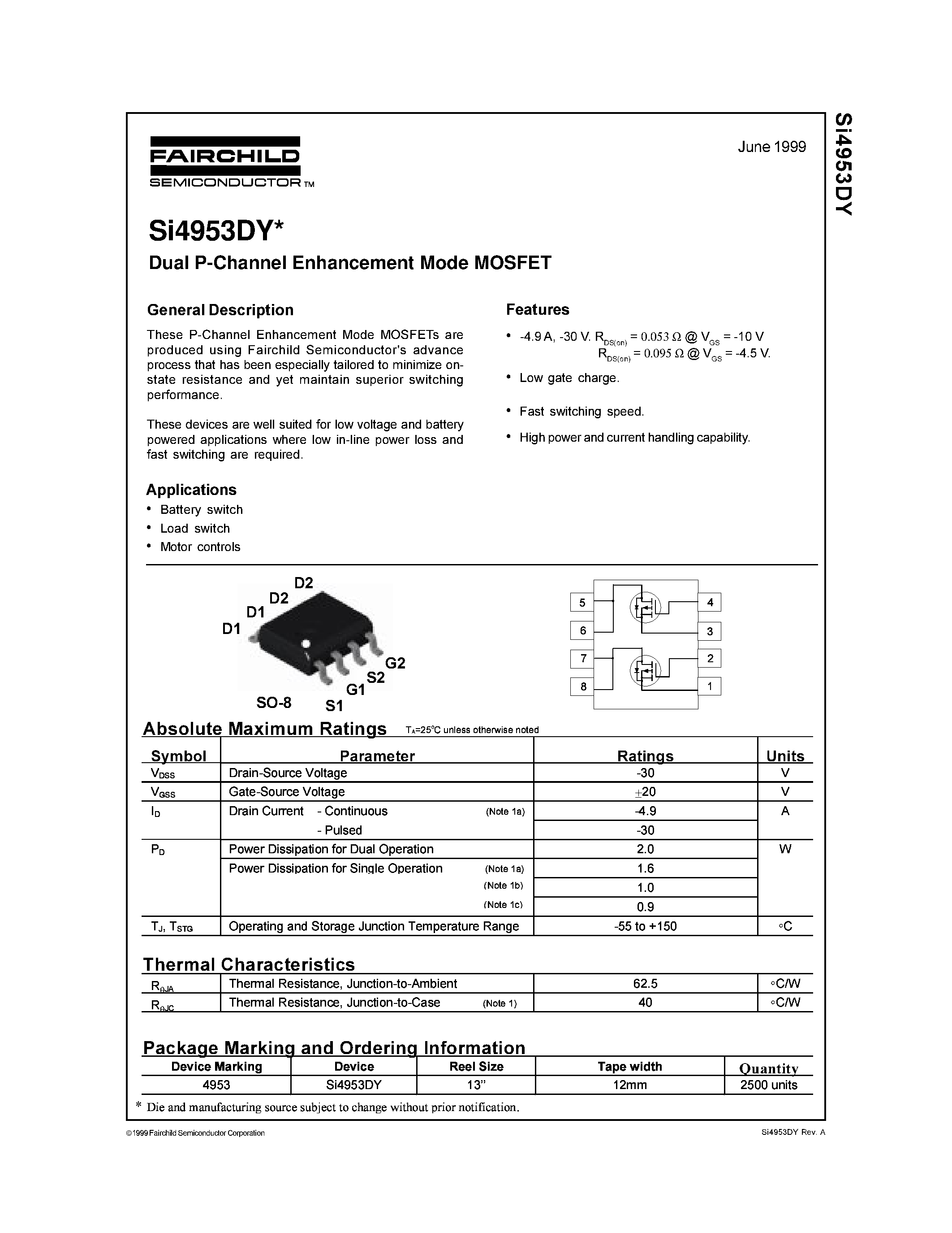 Даташит на микросхему SI4953DY страница 1 Даташит SI4953DY - Dual P-Channel Enhancement Mode MOSFET страница 1