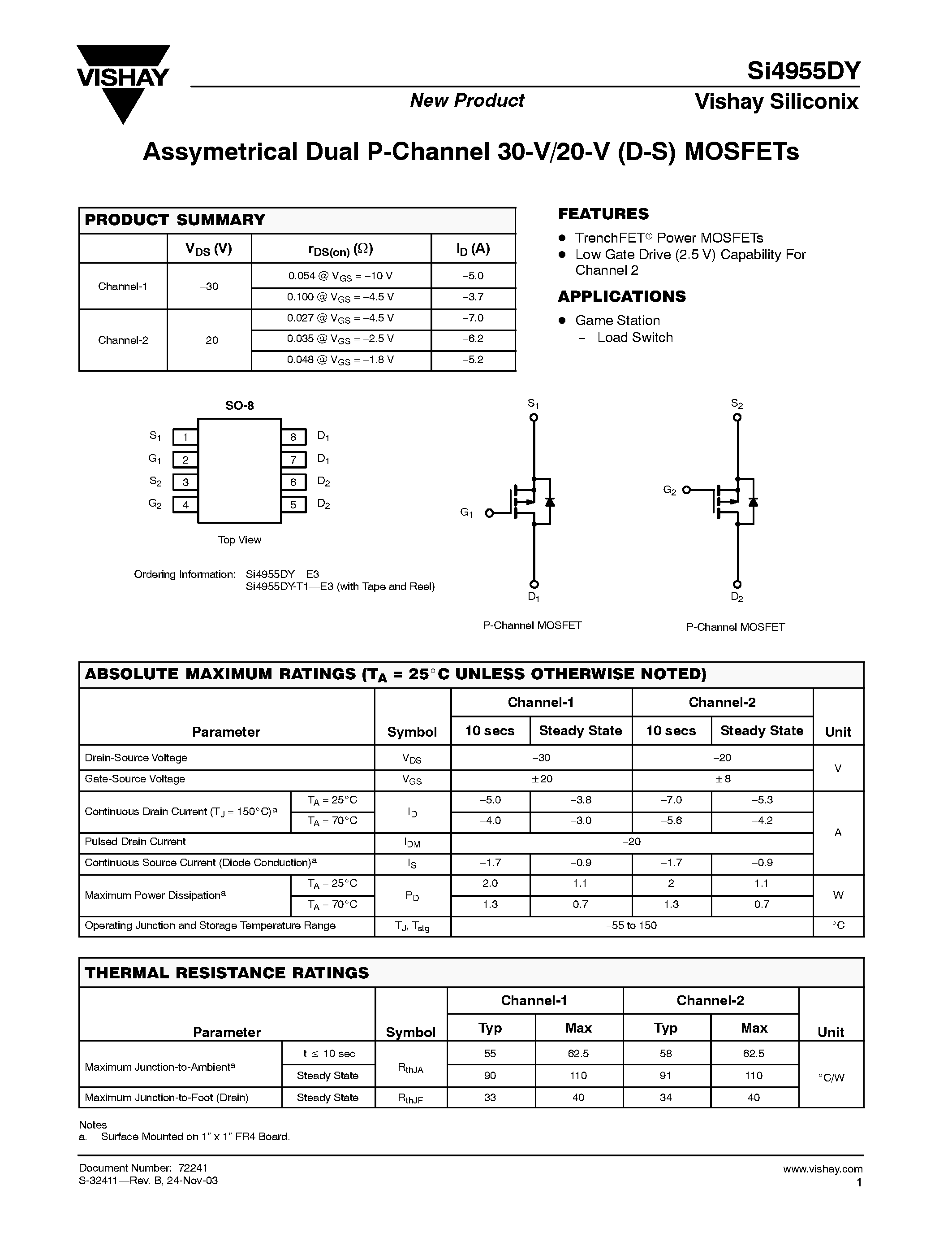 Даташит на микросхему SI4955DY страница 1 Даташит SI4955DY - Assymetrical Dual P-Channel 30-V/20-V (D-S) MOSFETs страница 1