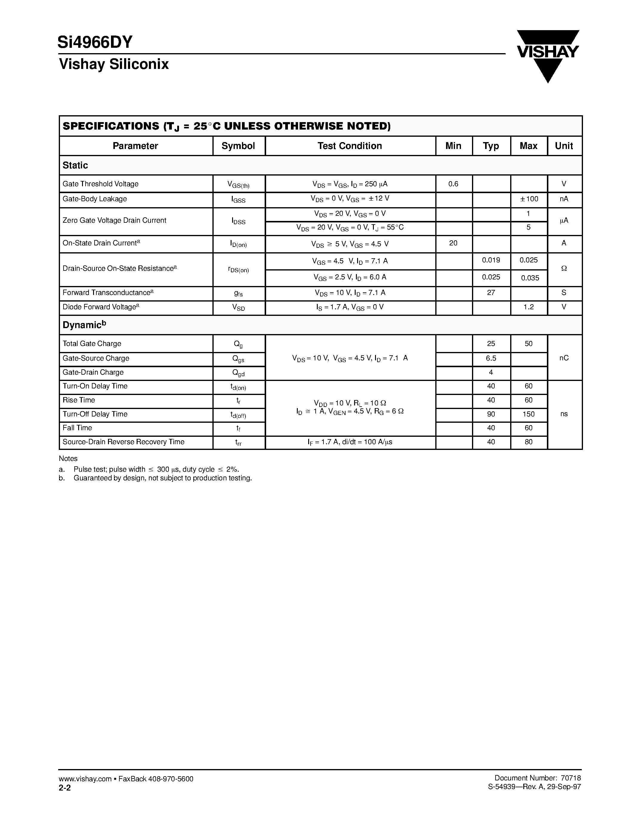 Datasheet SI4966DY page 2 Datasheet SI4966DY - Dual N-Channel 2.5-V (G-S) MOSFET page 2