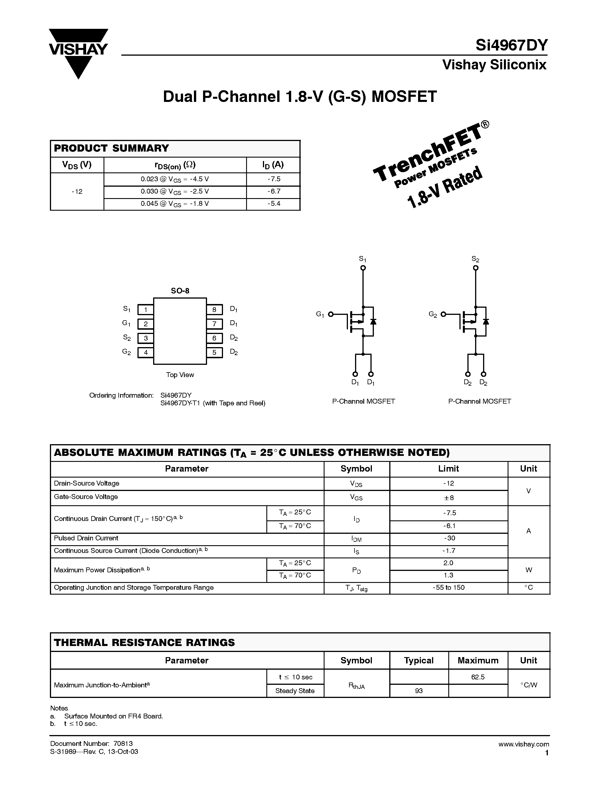 Datasheet SI4967DY page 1 Datasheet SI4967DY - Dual P-Channel 1.8-V (G-S) MOSFET page 1
