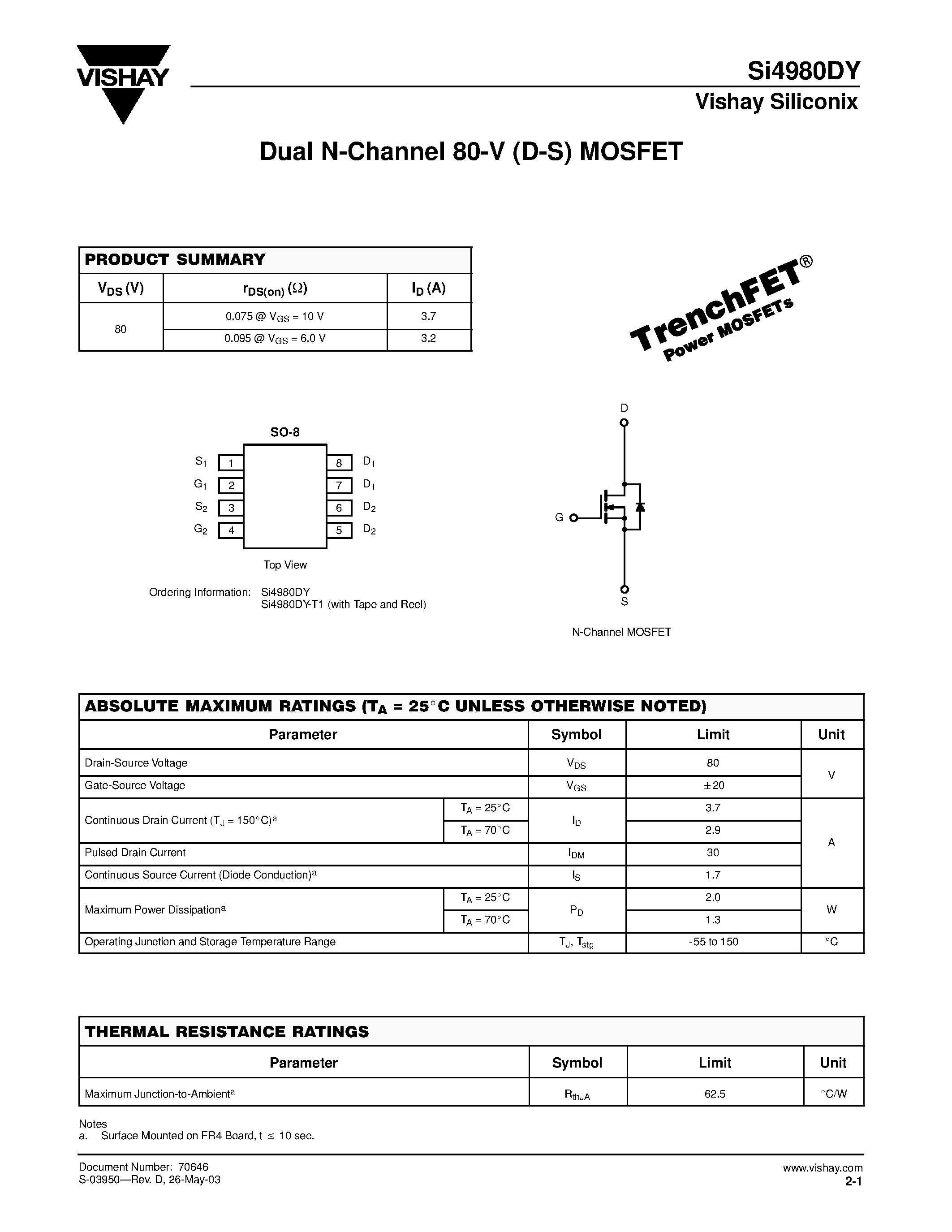 Даташит SI4980DY - Dual N-Channel 80-V (D-S) MOSFET страница 1