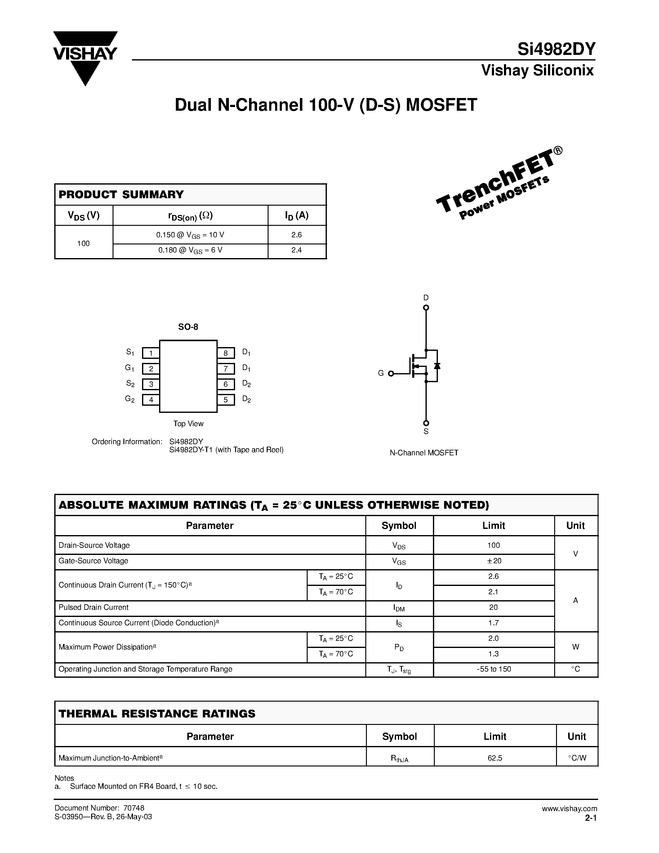 Даташит SI4982DY-T1 - Dual N-Channel 100-V (D-S) MOSFET страница 1
