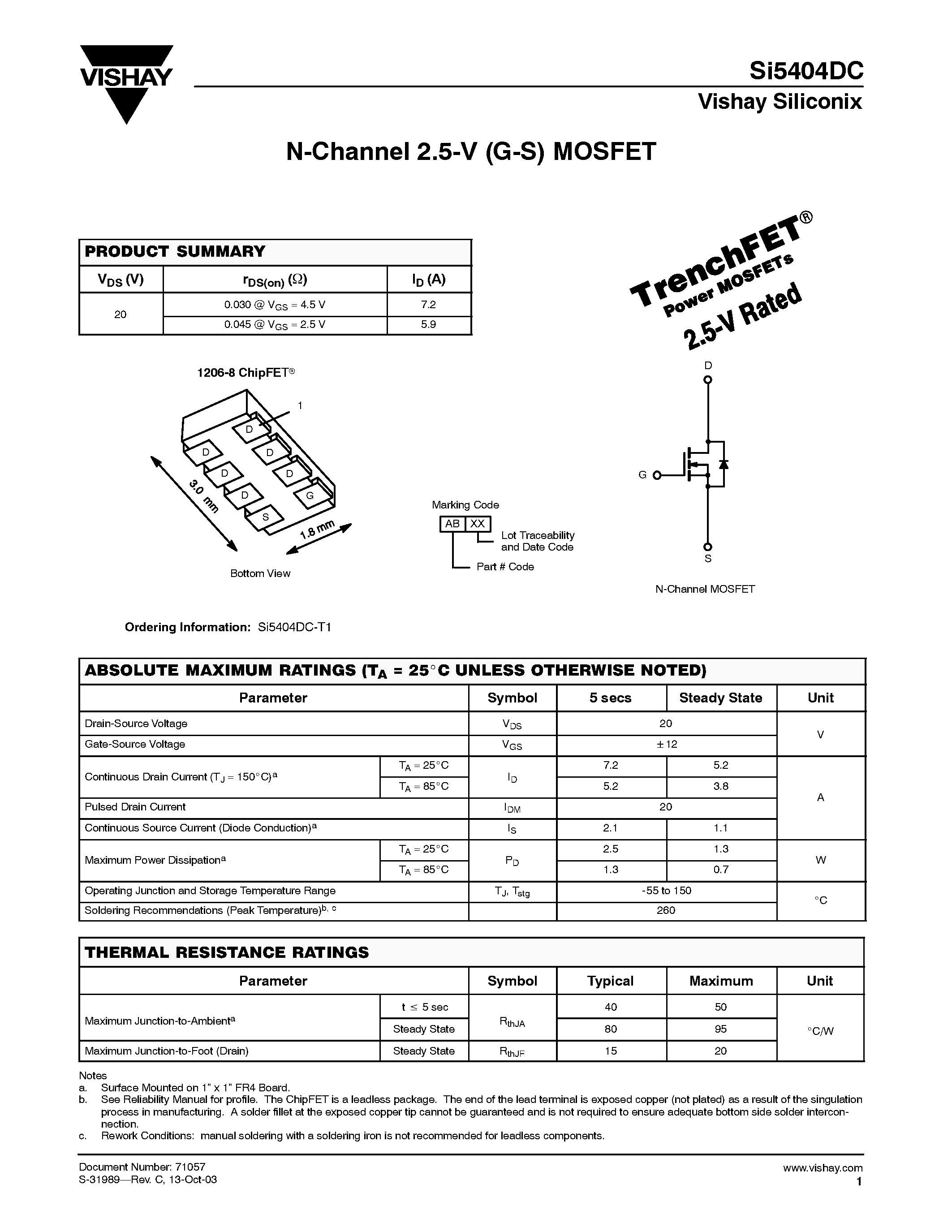 Datasheet Si5404DC-T1 page 1 Datasheet Si5404DC-T1 - N-Channel 2.5-V (G-S) MOSFET page 1