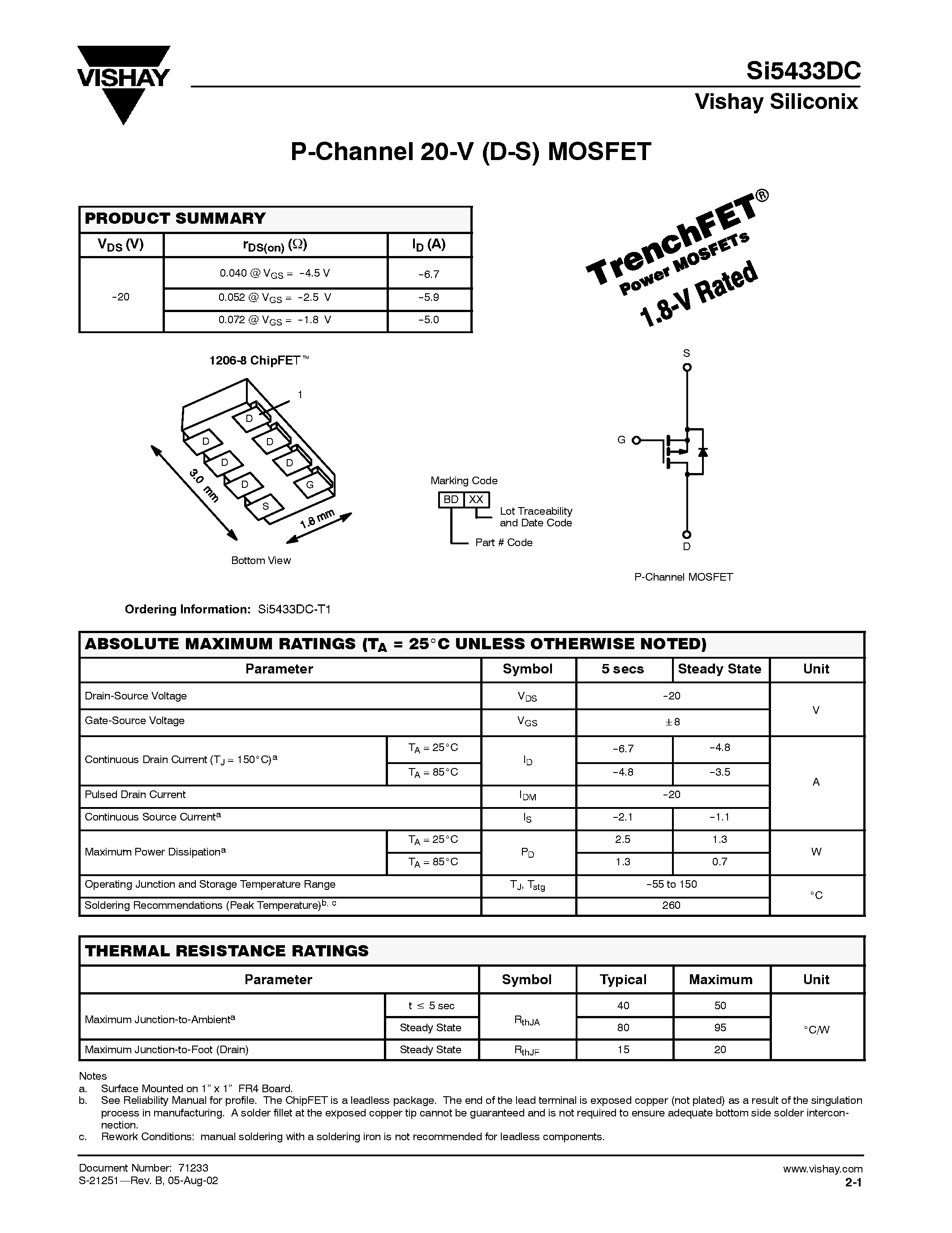 Datasheet SI5433DC - P-Channel 20-V (D-S) MOSFET page 1