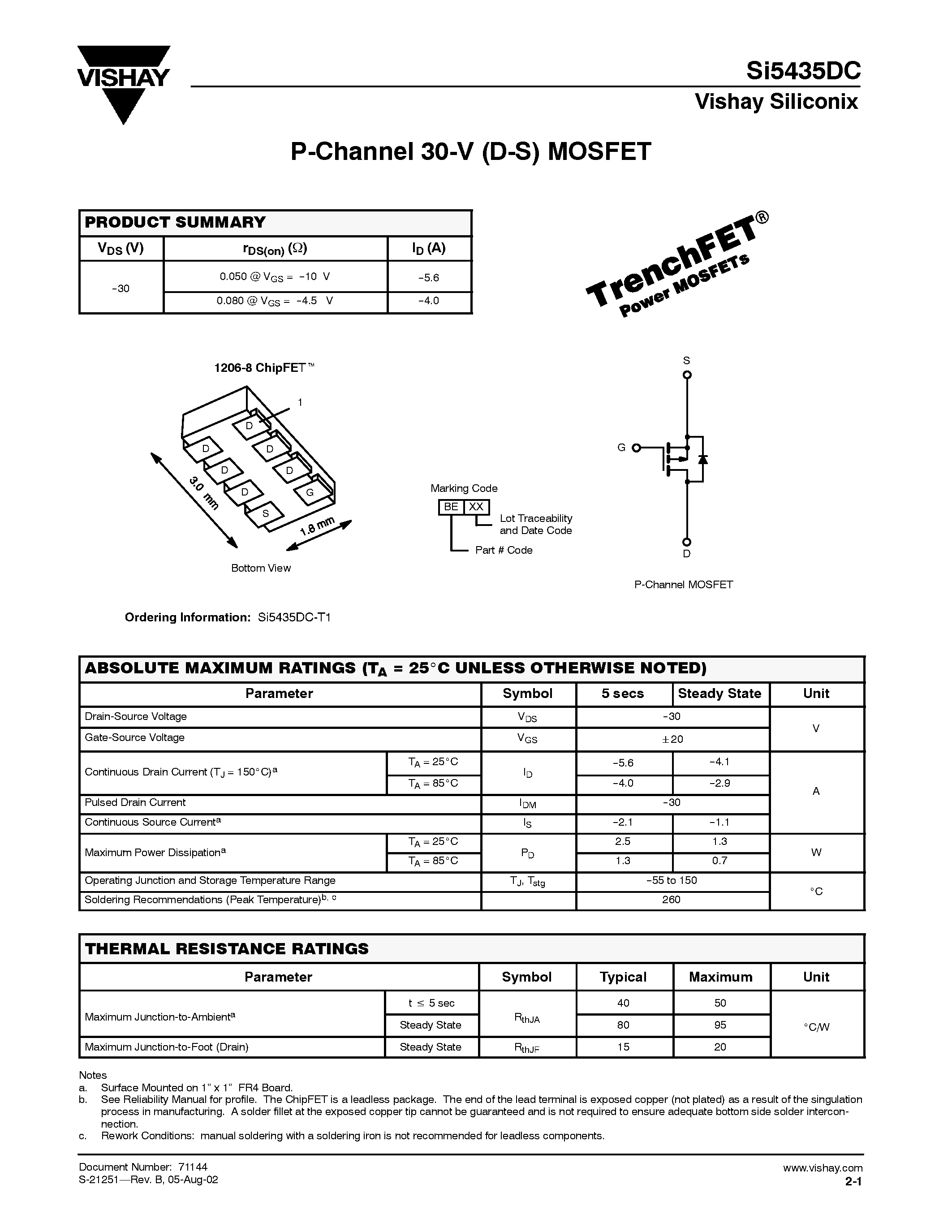 Даташит на микросхему SI5435DC страница 1 Даташит SI5435DC - P-Channel 30-V (D-S) MOSFET страница 1