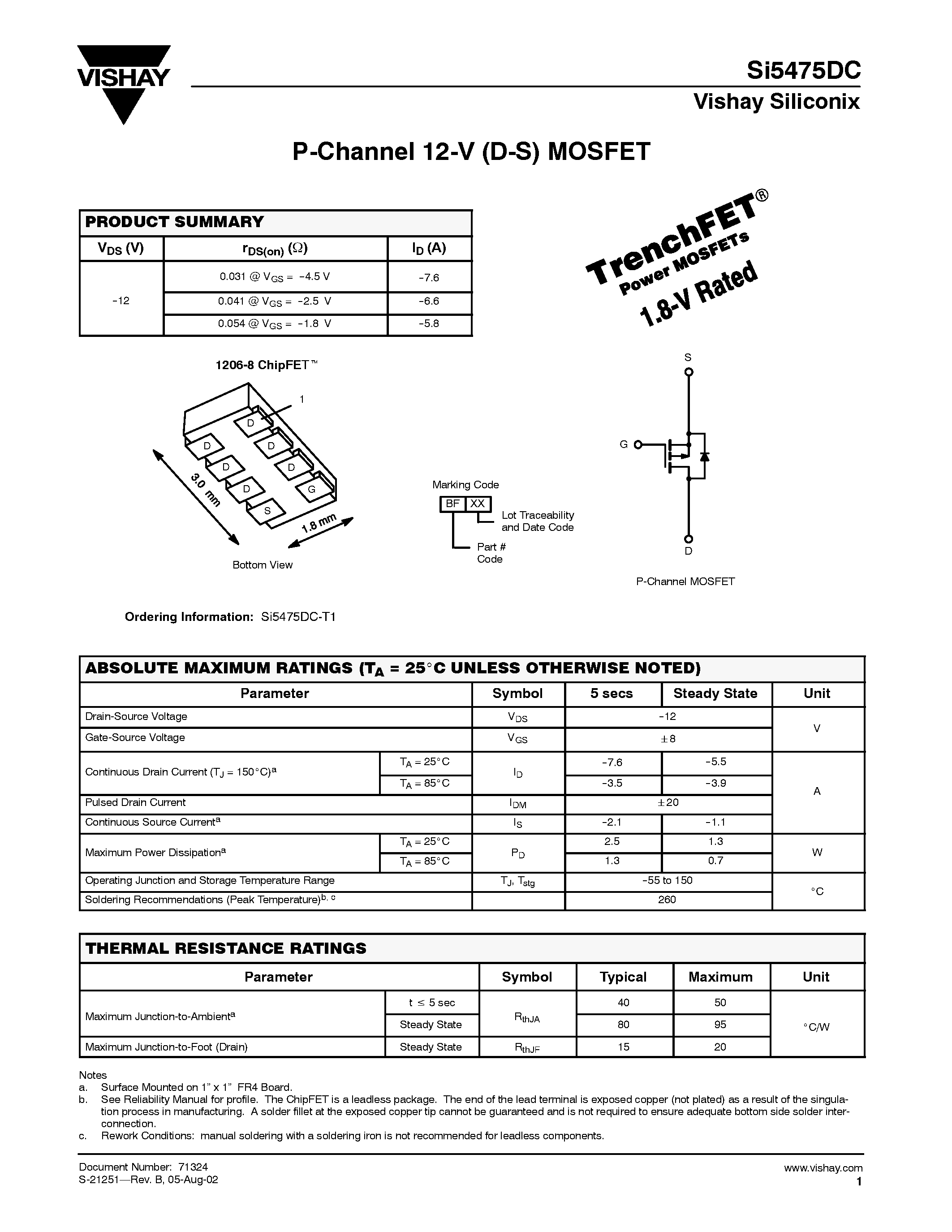 Даташит на микросхему SI5475DC-T1 страница 1 Даташит SI5475DC-T1 - P-Channel 12-V (D-S) MOSFET страница 1