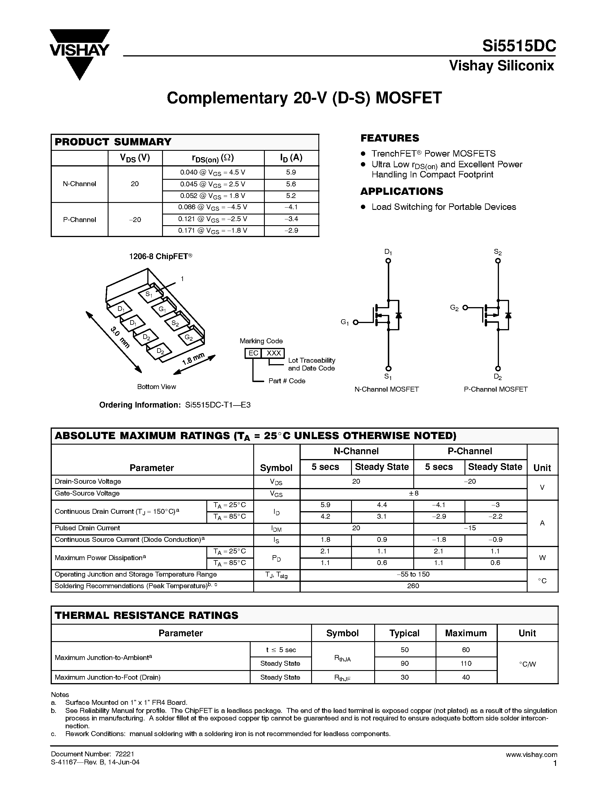 Даташит Si5515DC-T1-E3 - Complementary 20-V (D-S) MOSFET страница 1