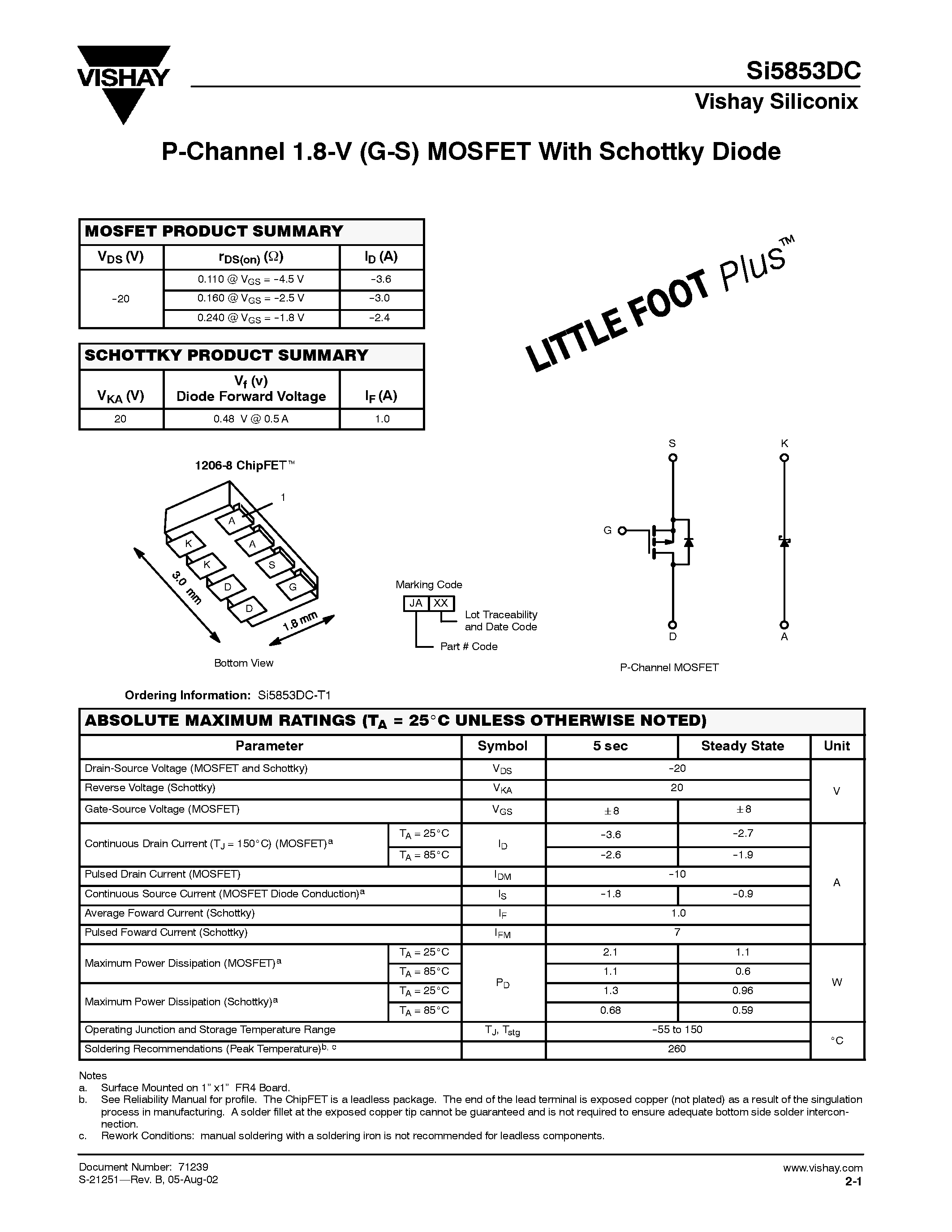 Datasheet SI5853DC-T1 - P-Channel 1.8-V (G-S) MOSFET With Schottky Diode page 1