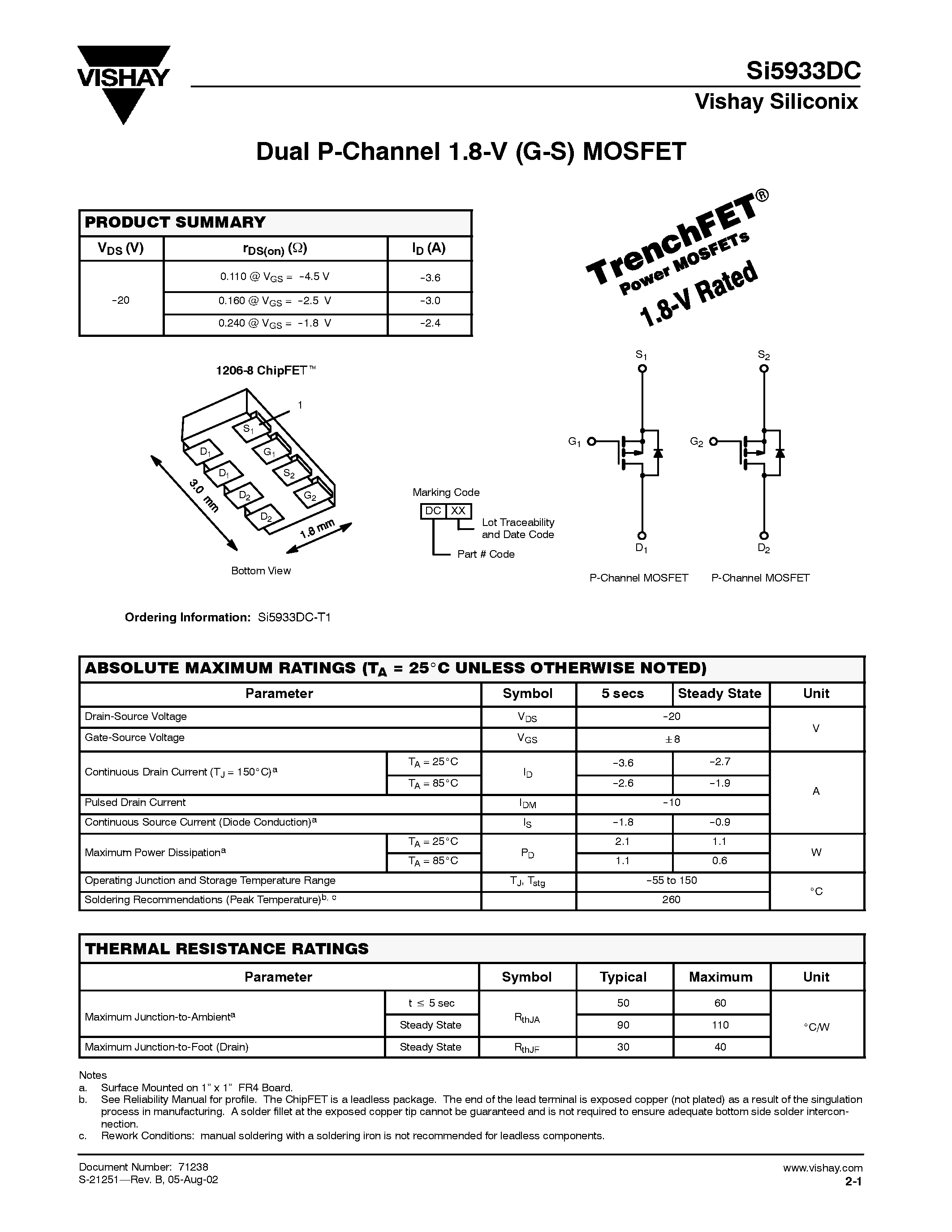 Datasheet SI5933DC page 1 Datasheet SI5933DC - Dual P-Channel 1.8-V (G-S) MOSFET page 1
