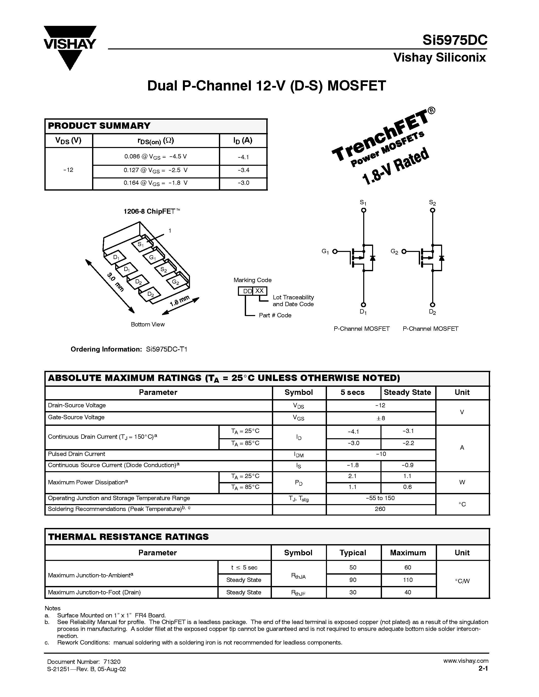 Даташит на микросхему SI5975DC страница 1 Даташит SI5975DC - Dual P-Channel 12-V (D-S) MOSFET страница 1