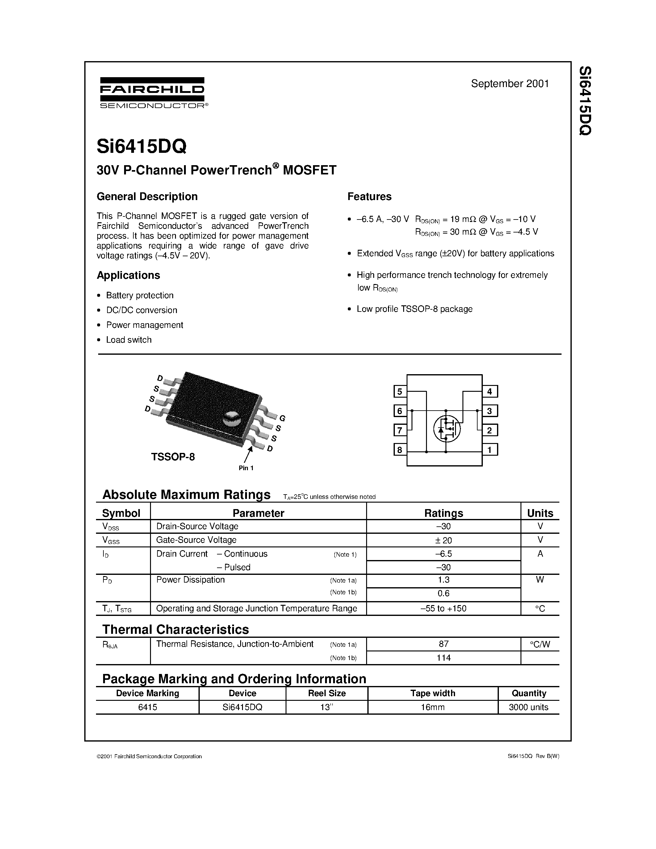 Даташит на микросхему SI6415DQ страница 1 Даташит SI6415DQ - 30V P-Channel PowerTrench MOSFET страница 1