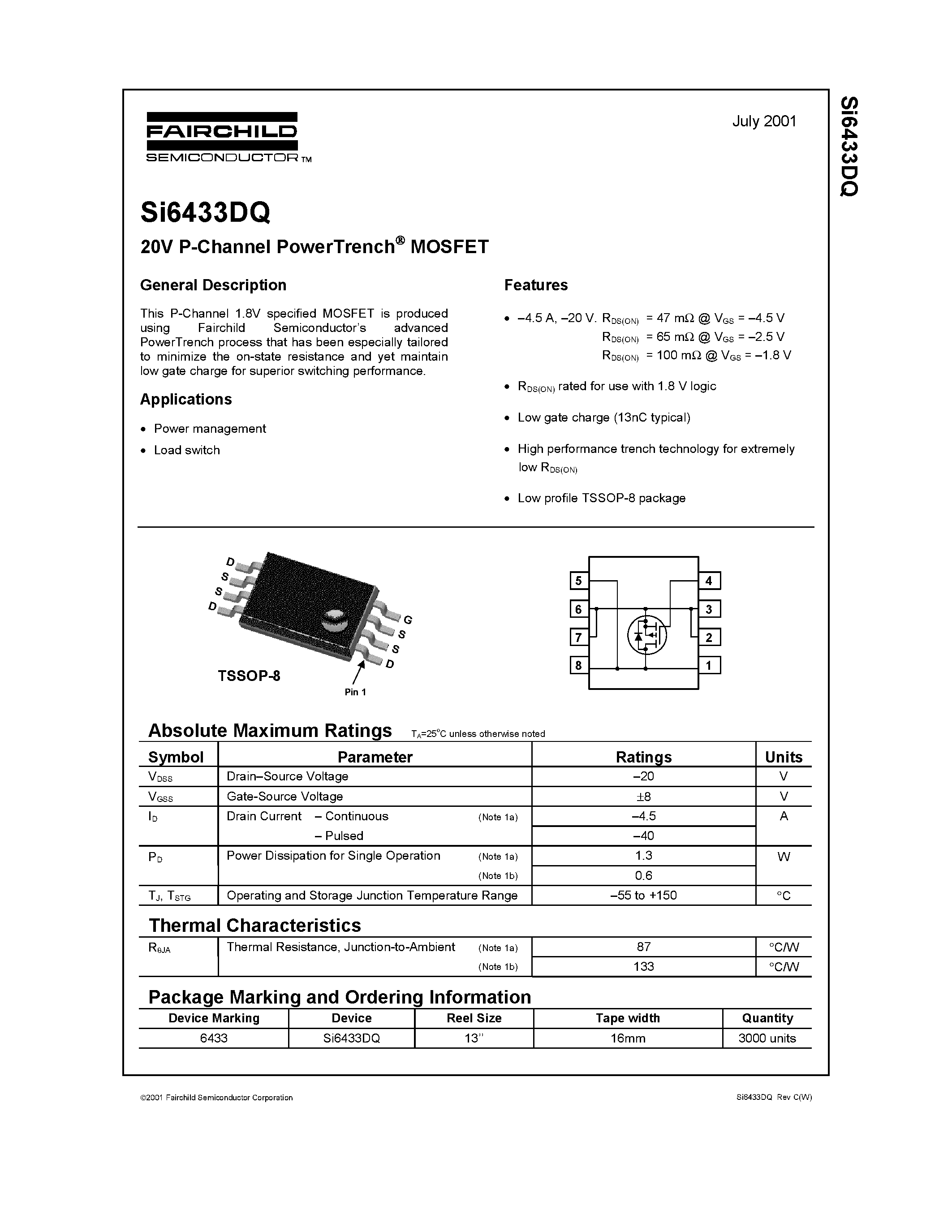 Datasheet SI6433DQ - 20V P-Channel PowerTrench MOSFET page 1