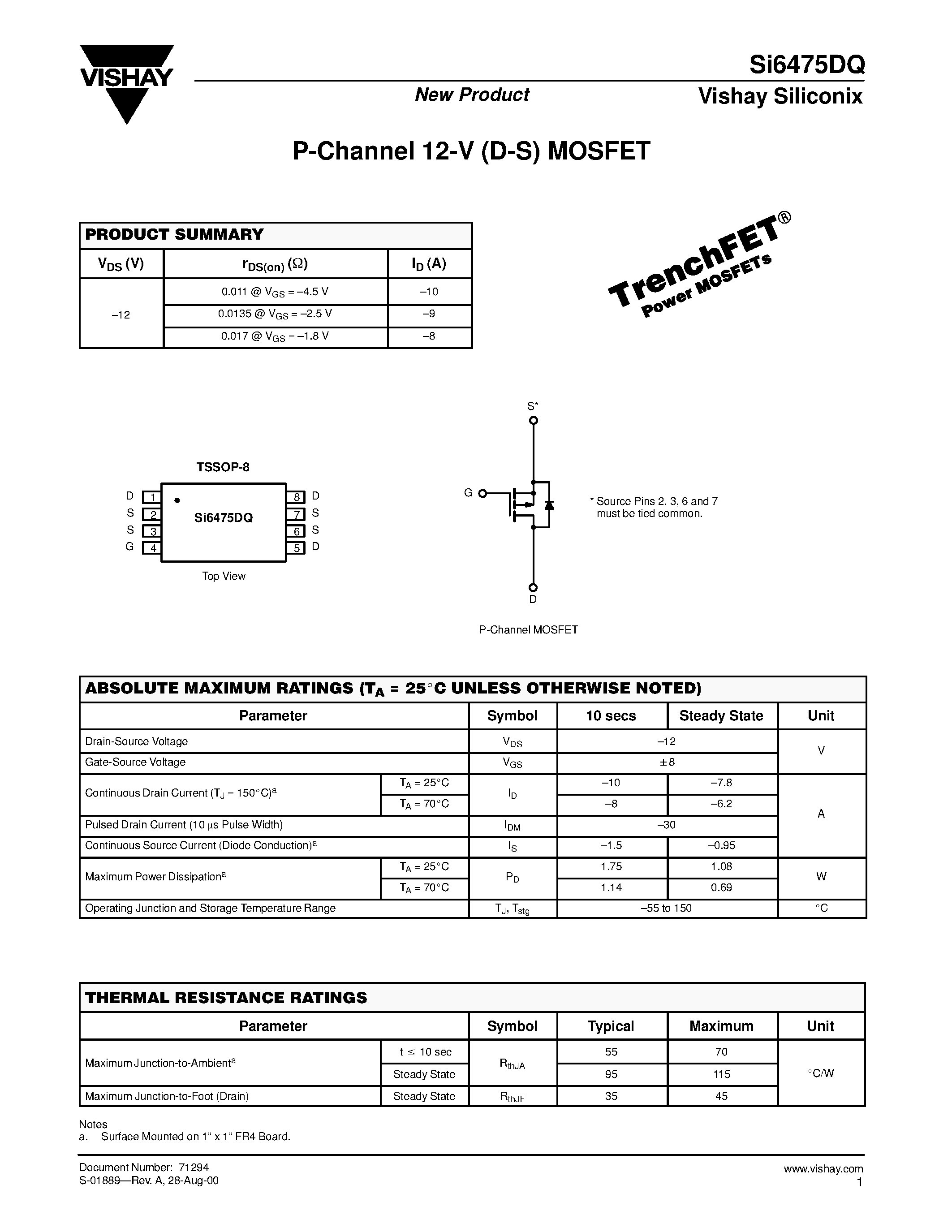 Datasheet SI6475DQ - P-Channel 12-V (D-S) MOSFET page 1
