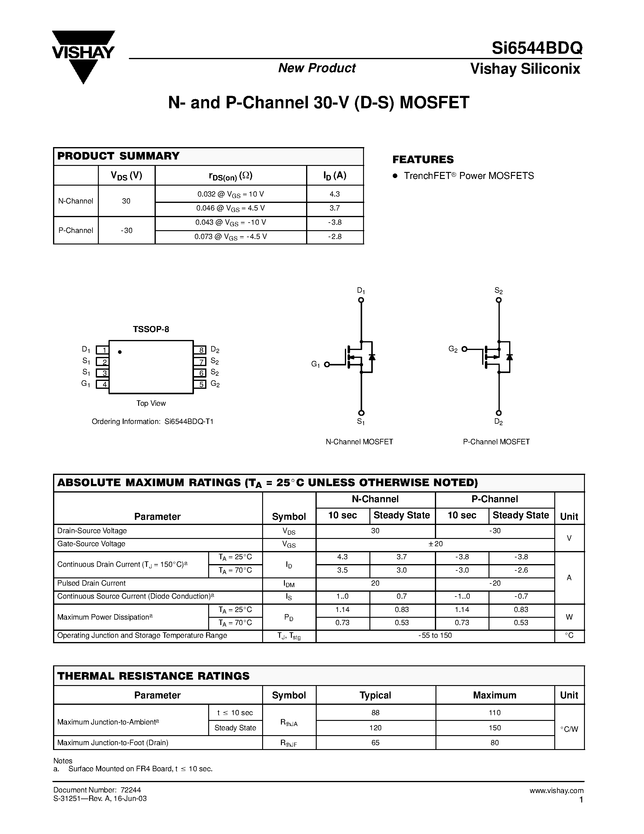 Даташит на микросхему SI6544BDQ страница 1 Даташит SI6544BDQ - N-and P-Channel 30-V (D-S) MOSFET страница 1