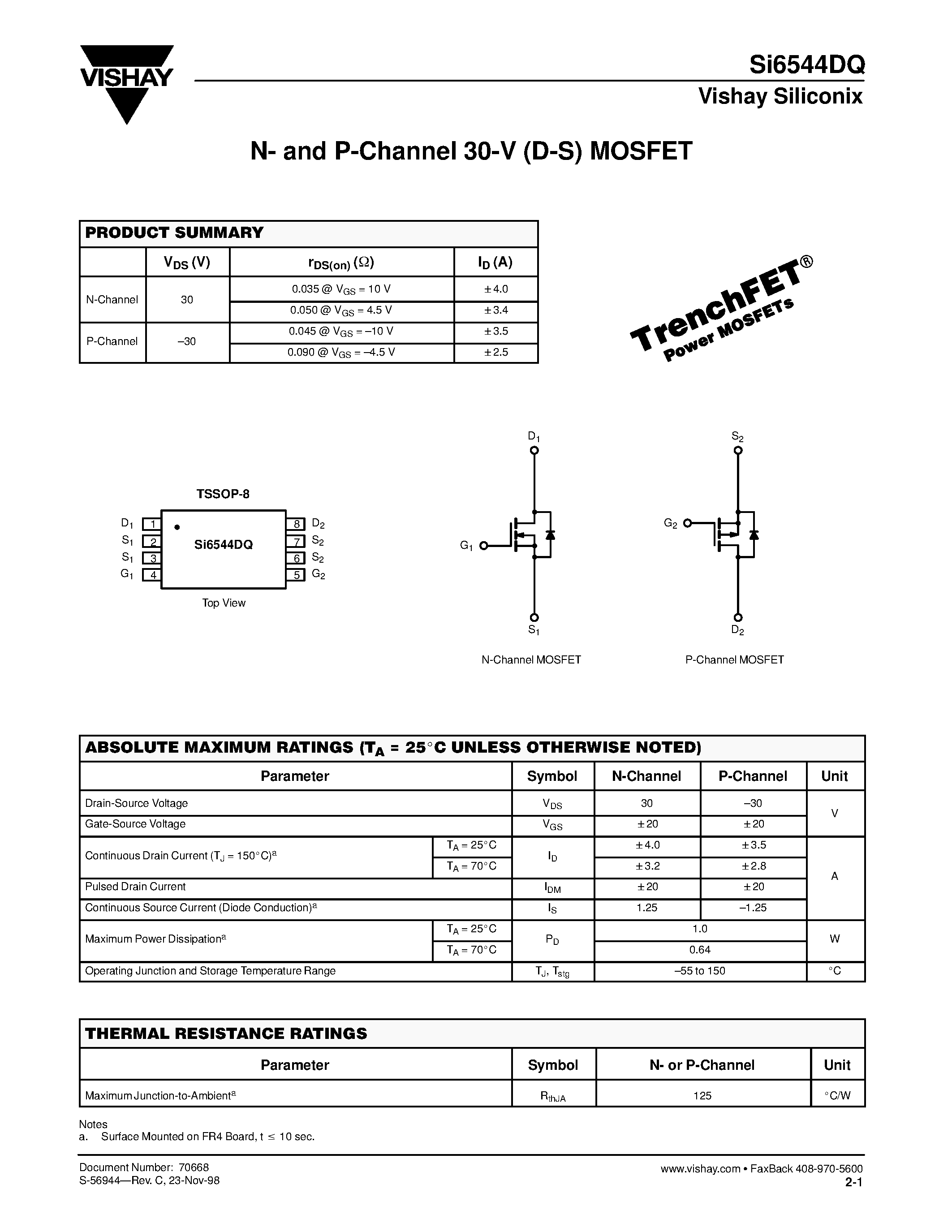 Даташит на микросхему SI6544DQ страница 1 Даташит SI6544DQ - N- and P-Channel 30-V (D-S) MOSFET страница 1