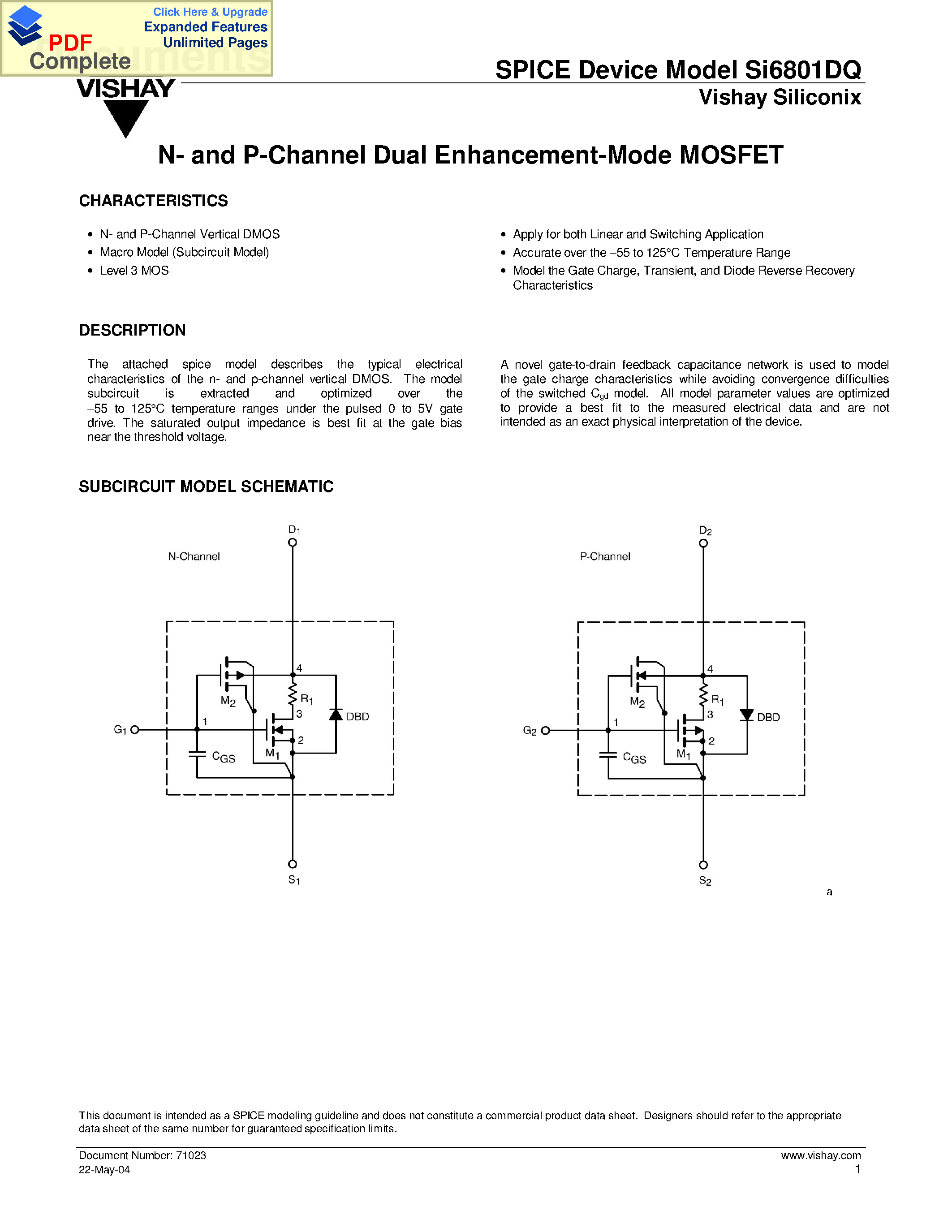 Datasheet SI6801DQ page 1 Datasheet SI6801DQ - SPICE Device Model Si6801DQ page 1