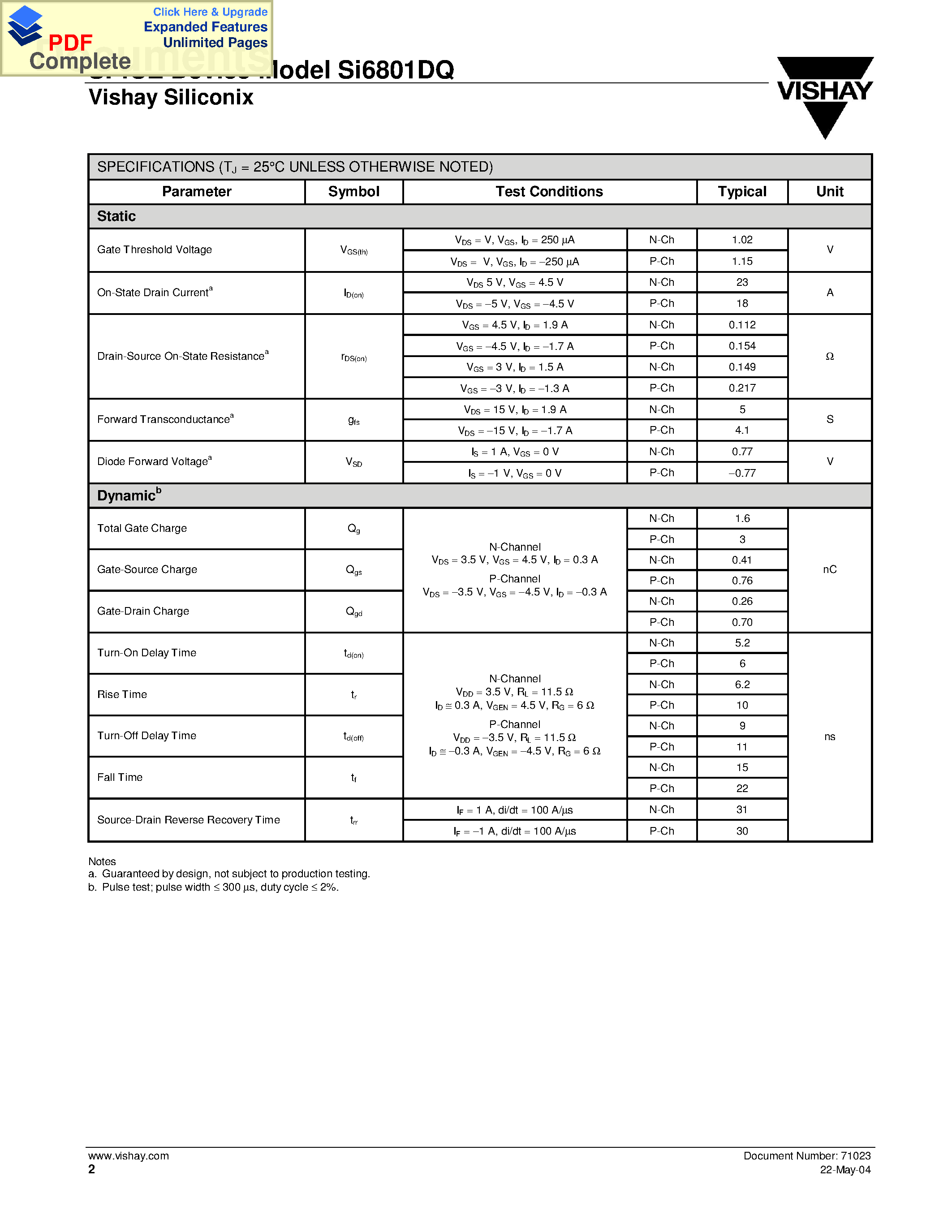 Datasheet SI6801DQ page 2 Datasheet SI6801DQ - SPICE Device Model Si6801DQ page 2