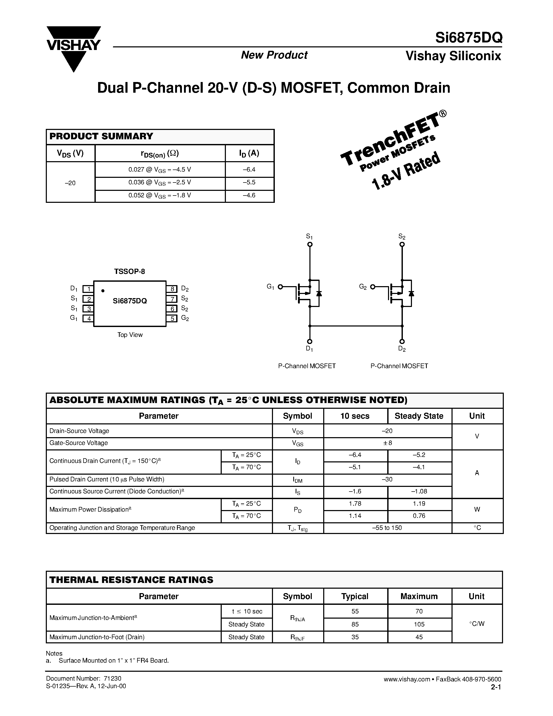 Datasheet SI6875DQ - Dual P-Channel 20-V (D-S) MOSFET/ Common Drain page 1