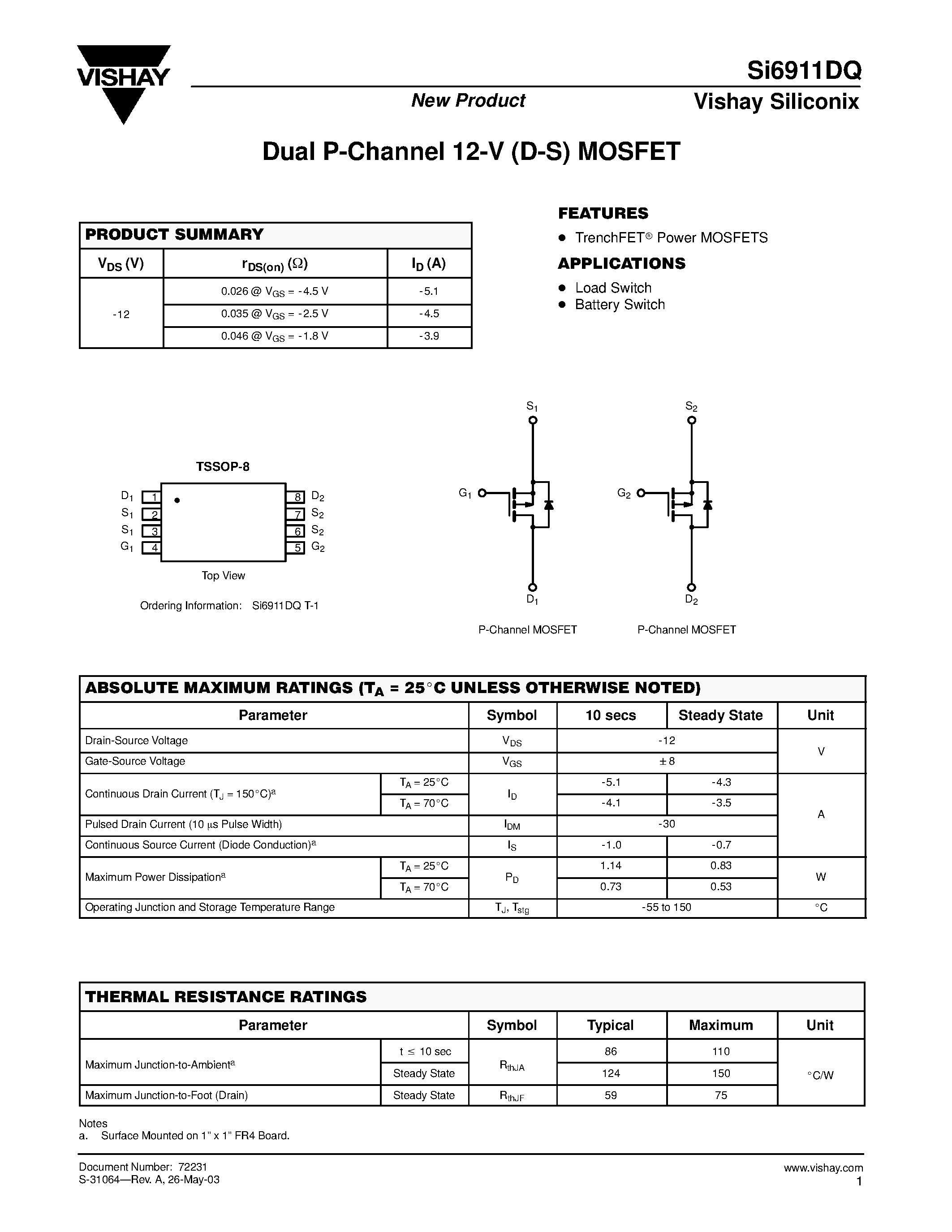 Datasheet SI6911DQT-1 - Dual P-Channel 12-V (D-S) MOSFET page 1