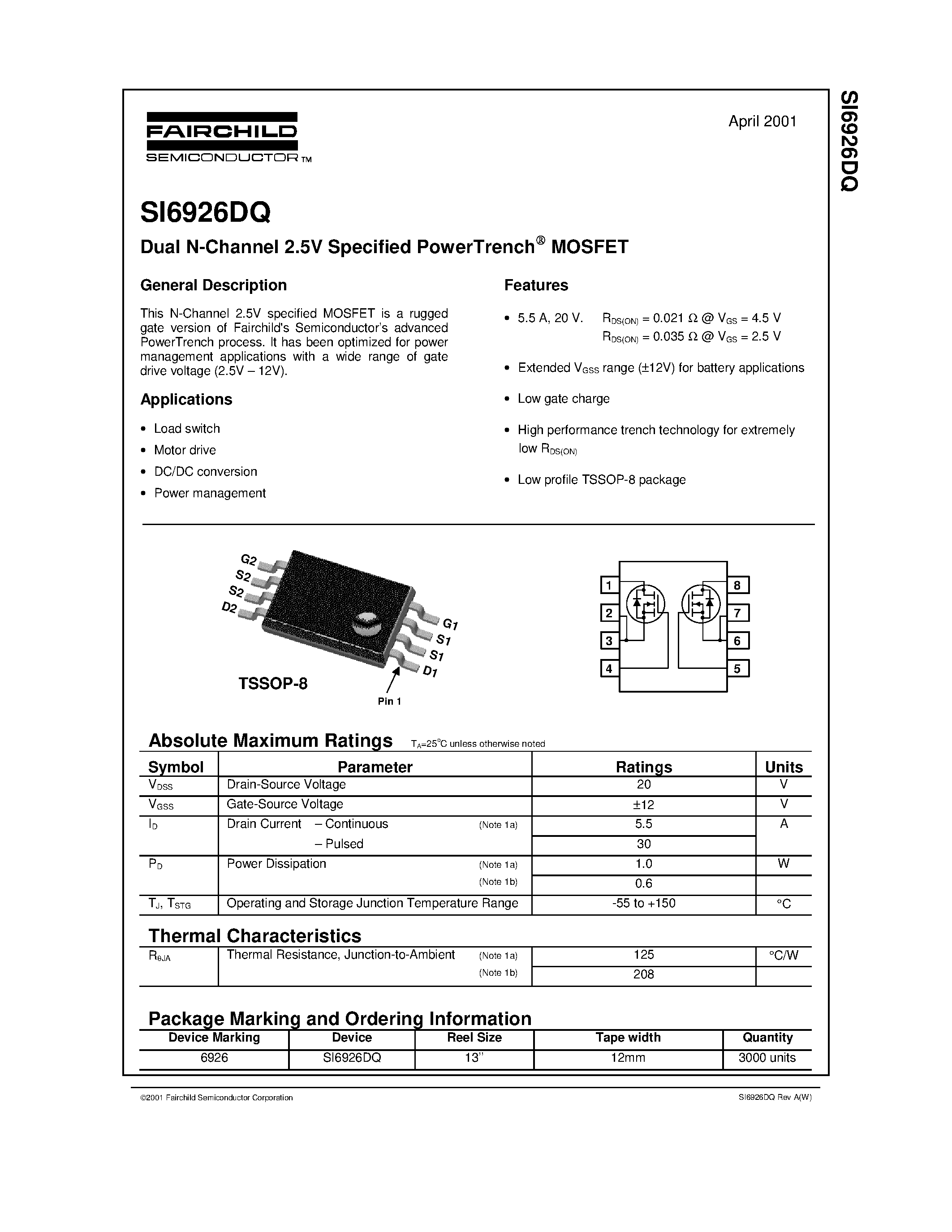 Datasheet SI6926DQ - Dual N-Channel 2.5V Specified PowerTrench MOSFET page 1
