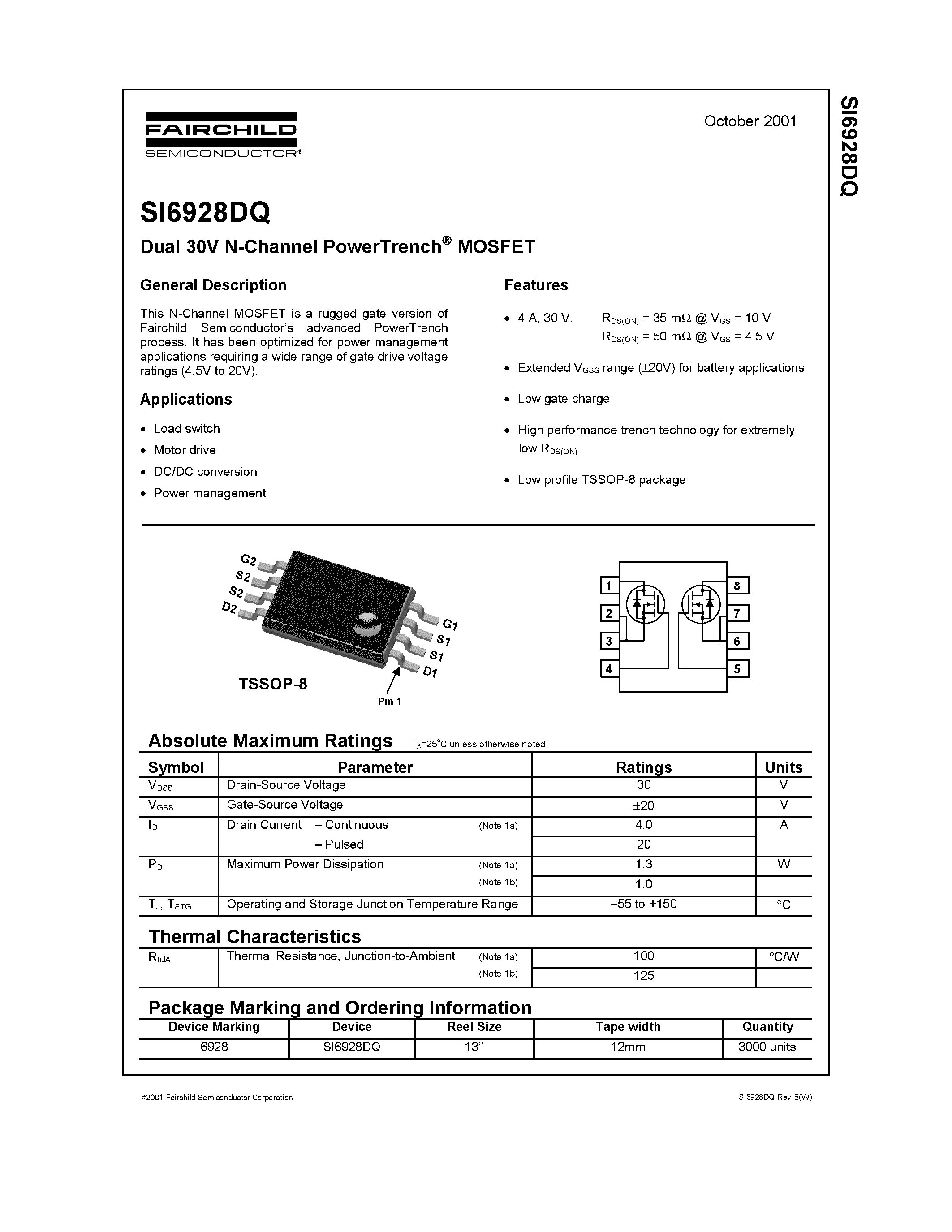 Datasheet SI6928DQ page 1 Datasheet SI6928DQ - Dual 30V N-Channel PowerTrench MOSFET page 1