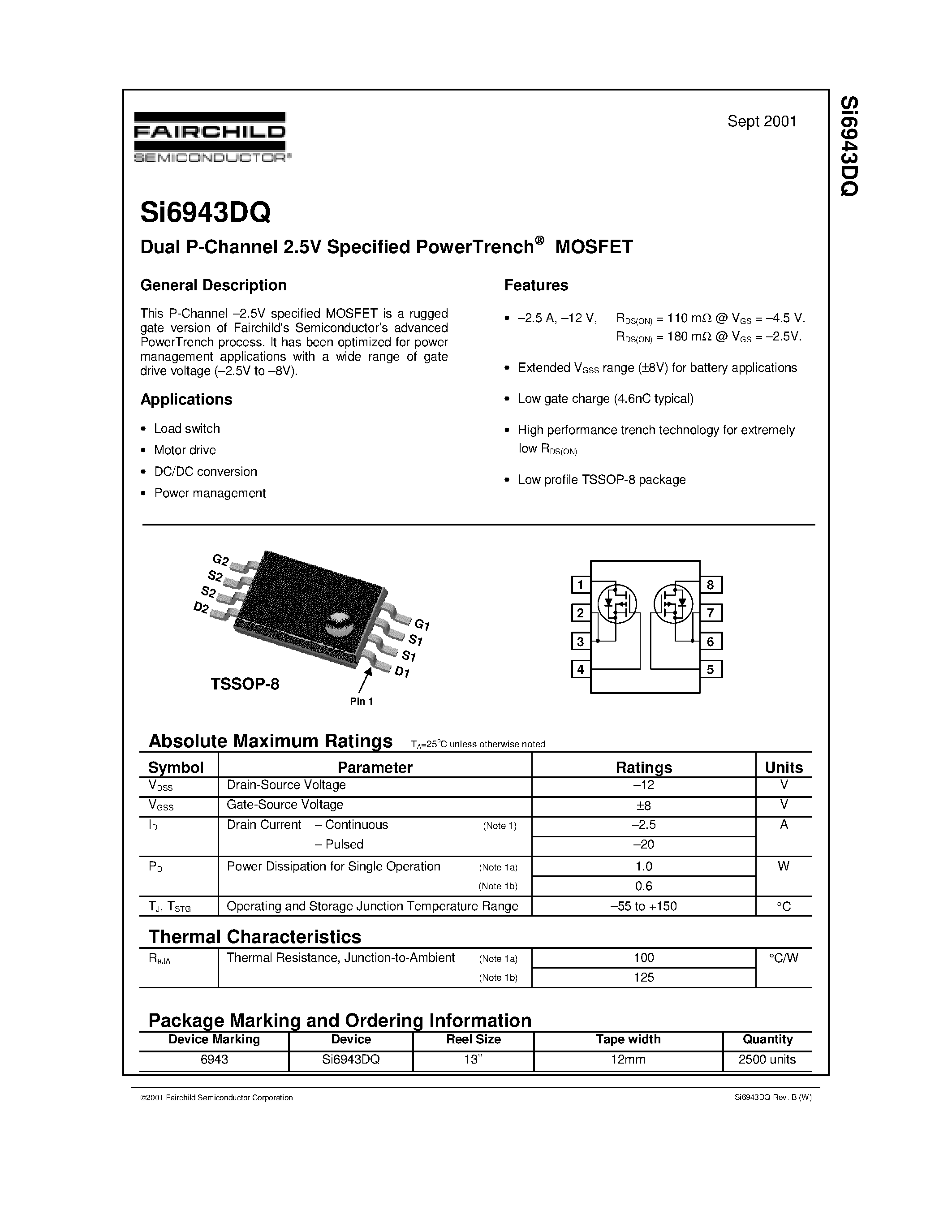Datasheet SI6943DQ - Dual P-Channel 2.5V Specified PowerTrench MOSFET page 1
