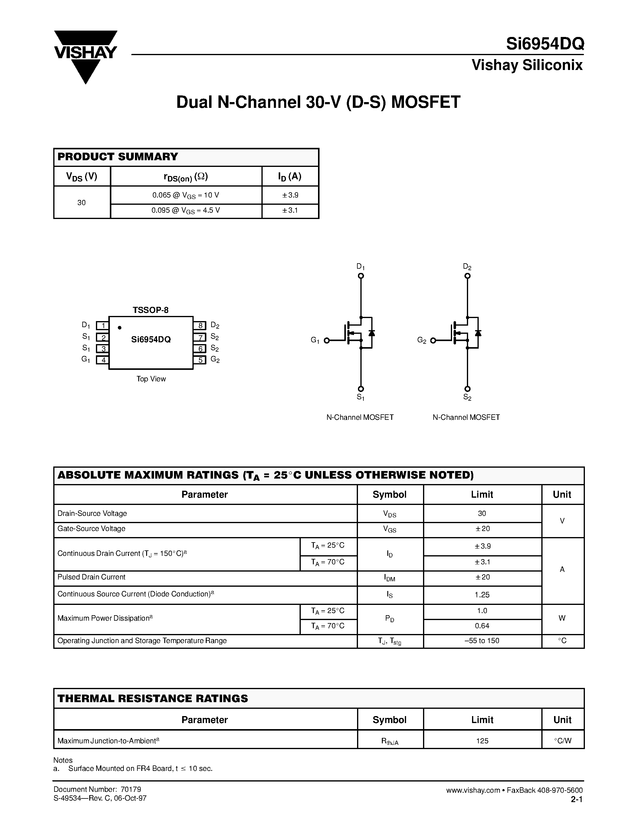 Даташит SI6954DQ - Dual N-Channel 30-V (D-S) MOSFET страница 1