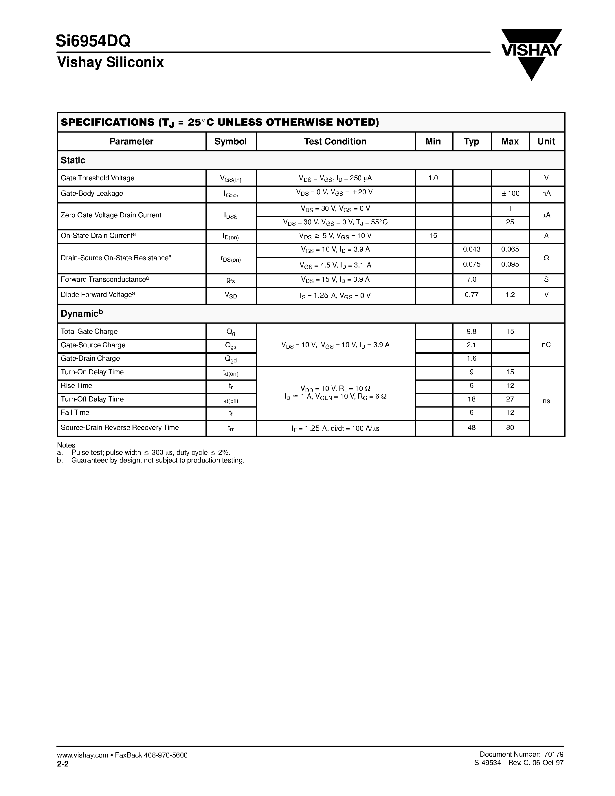 Даташит SI6954DQ - Dual N-Channel 30-V (D-S) MOSFET страница 2