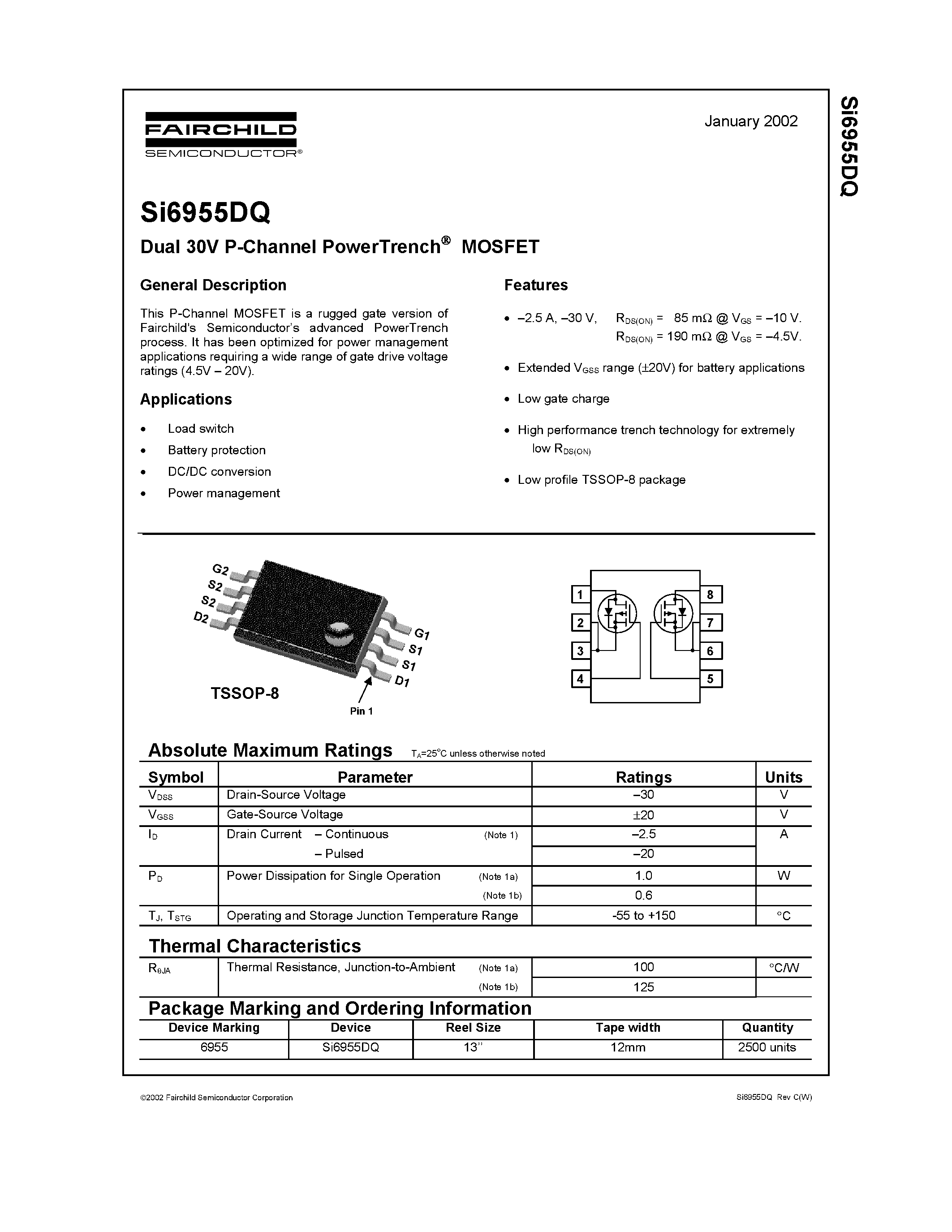 Datasheet SI6955DQ - Dual 30V P-Channel PowerTrench MOSFET page 1