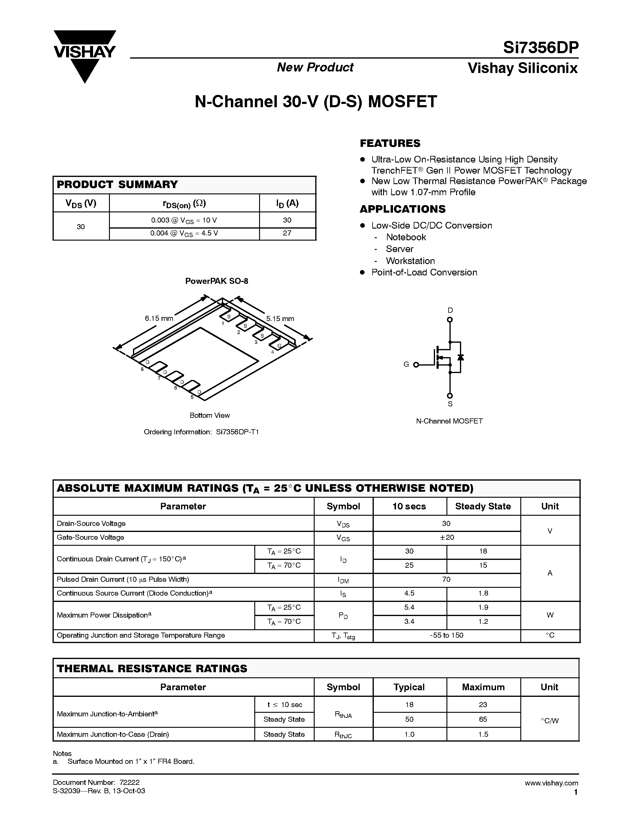 Даташит SI7356DP-T1 - N-Channel 30-V (D-S) MOSFET страница 1