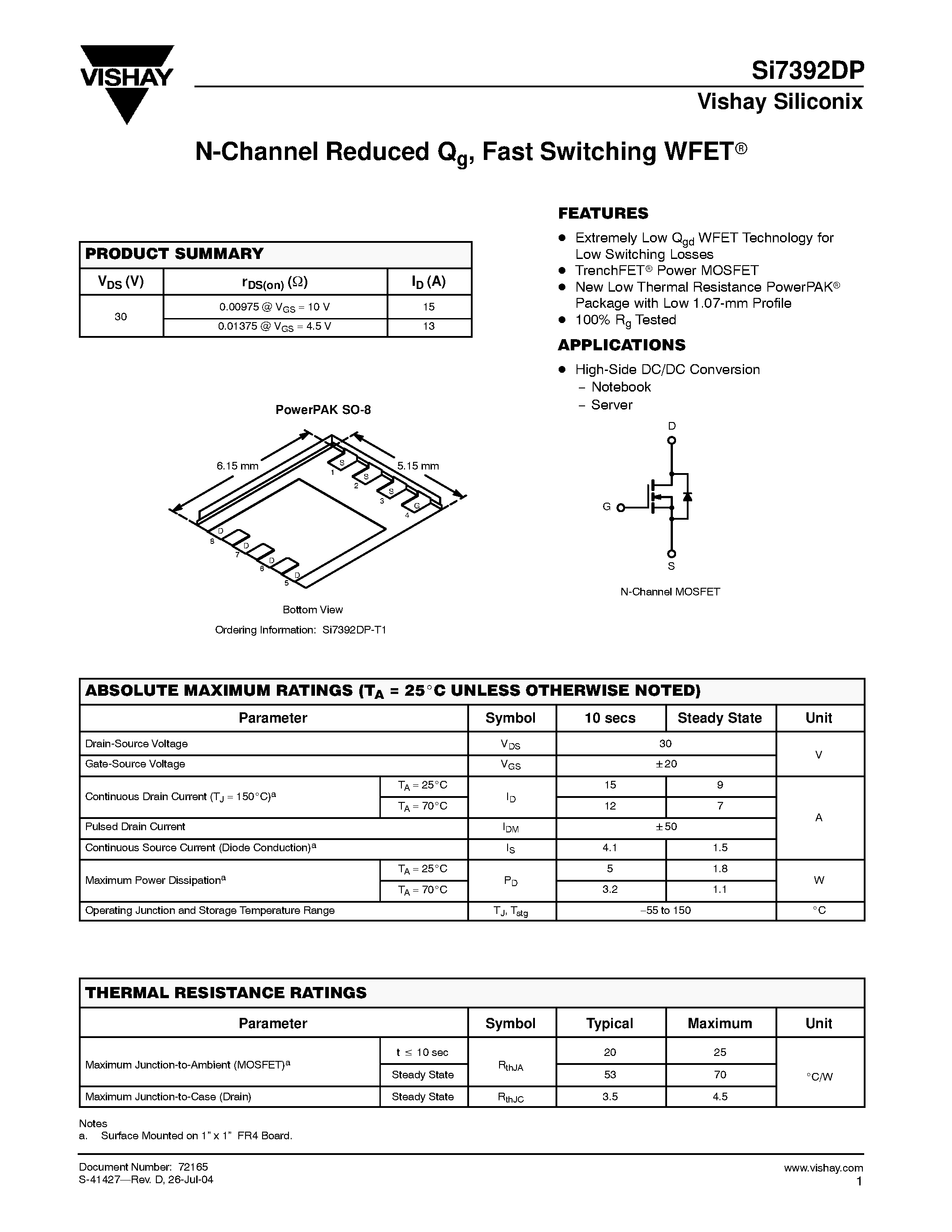 Datasheet SI7392DP page 1 Datasheet SI7392DP - N-Channel Reduced Qg/ Fast Switching WFET page 1