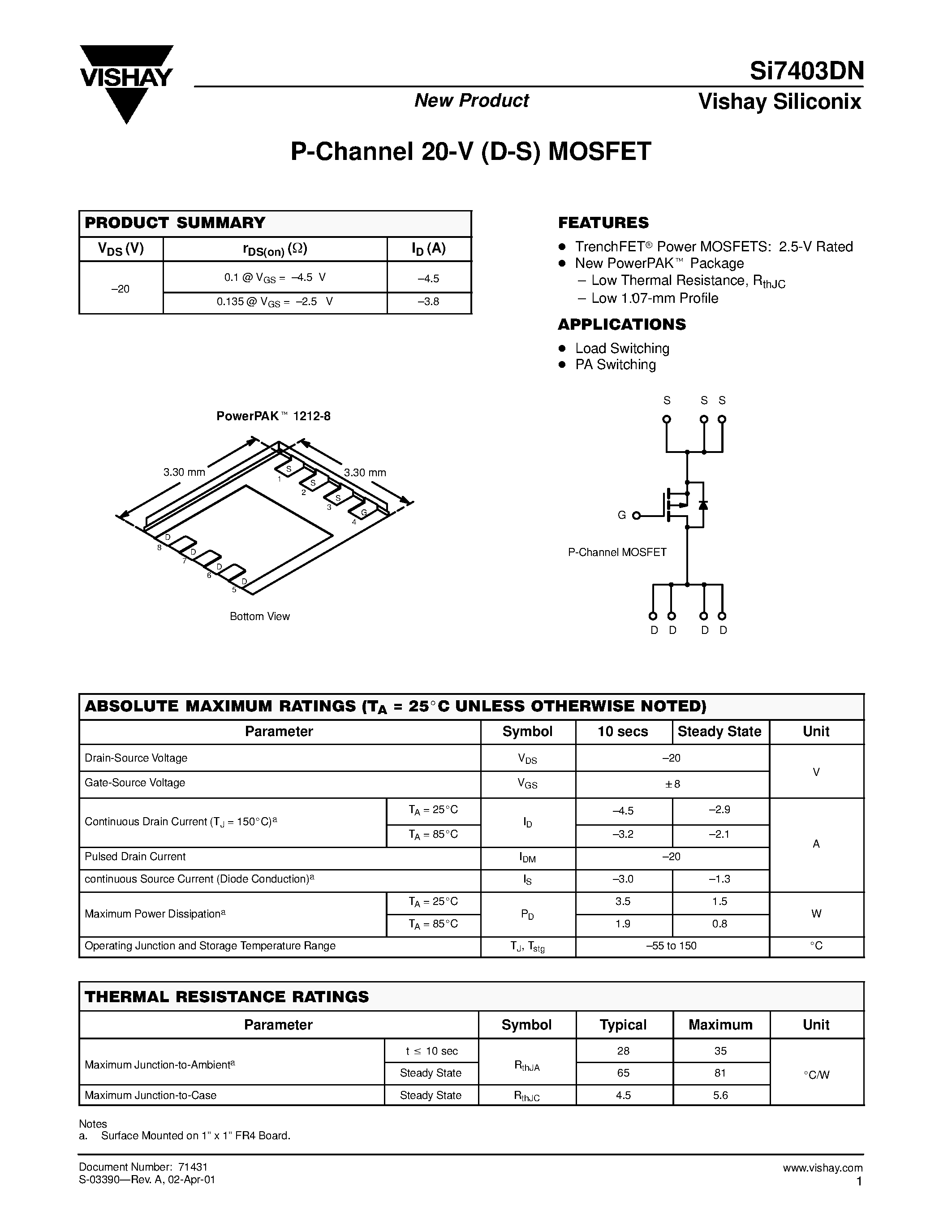 Даташит на микросхему SI7403DN страница 1 Даташит SI7403DN - P-Channel 20-V (D-S) MOSFET страница 1