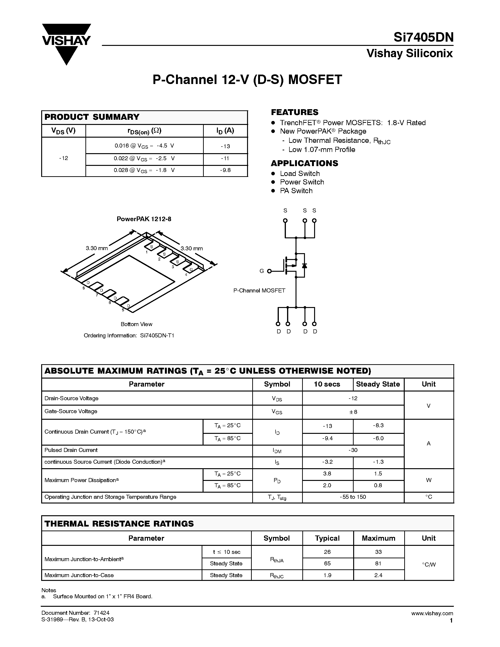 Даташит на микросхему Si7405DN-T1 страница 1 Даташит Si7405DN-T1 - P-Channel 12-V (D-S) MOSFET страница 1
