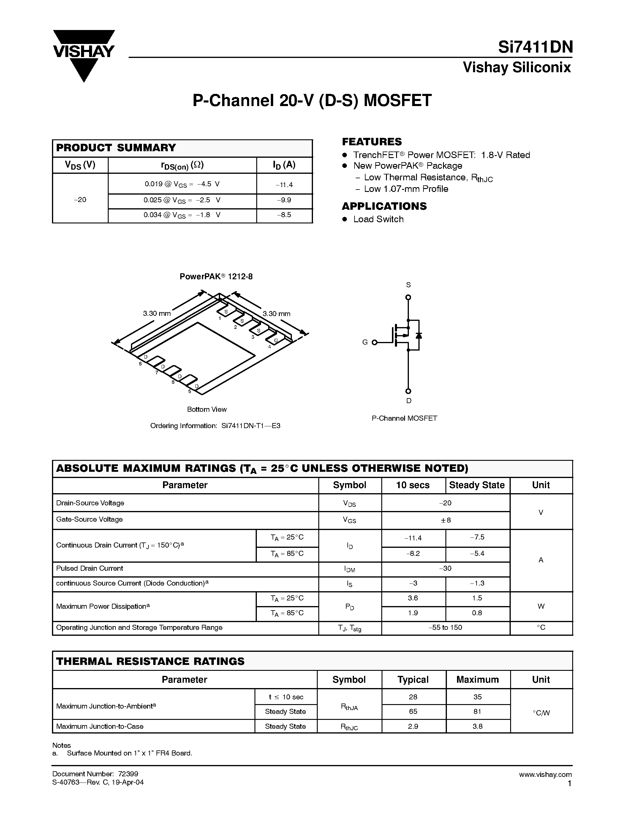 Даташит на микросхему SI7411DN-T1-E3 страница 1 Даташит SI7411DN-T1-E3 - P-Channel 20-V (D-S) MOSFET страница 1