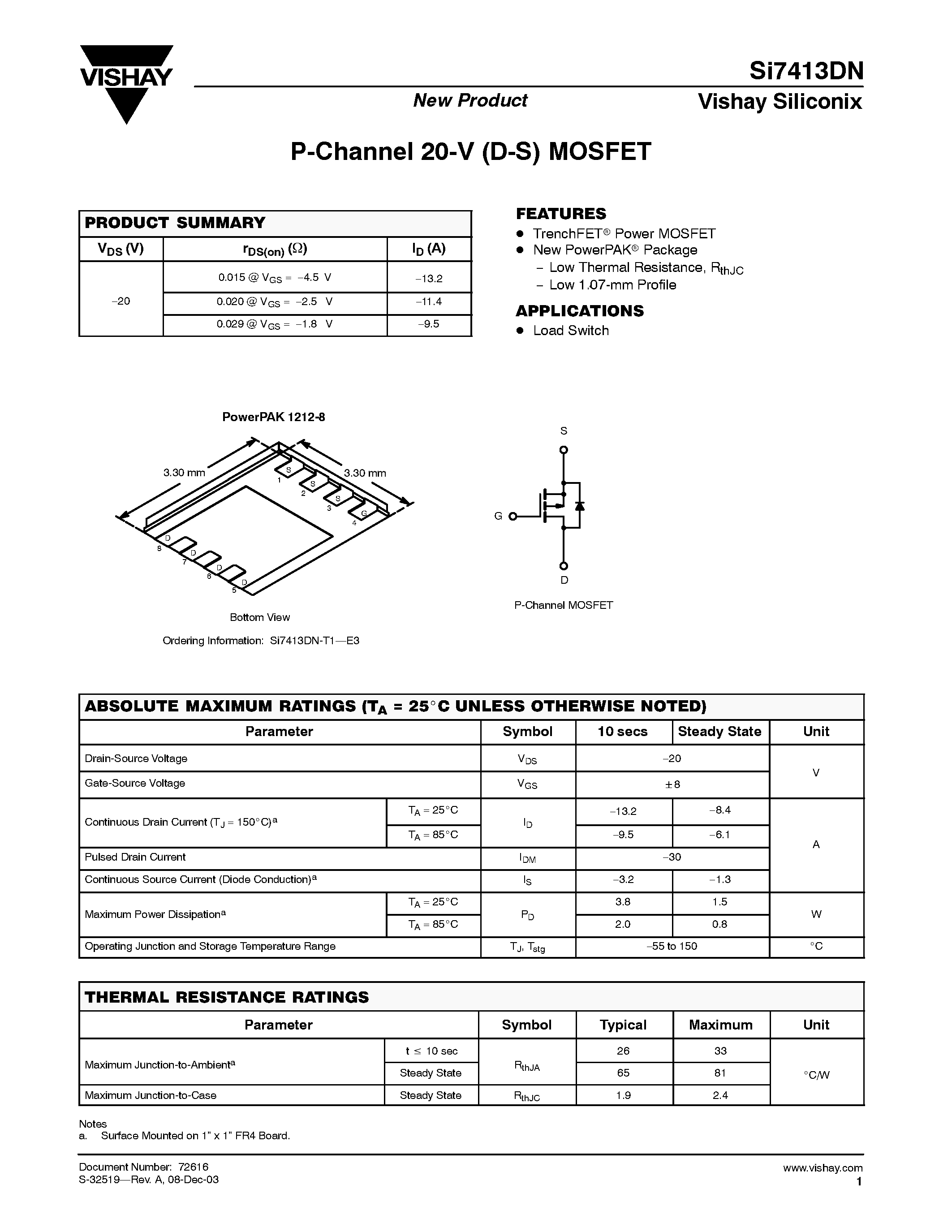 Даташит на микросхему SI7413DN-T1-E3 страница 1 Даташит SI7413DN-T1-E3 - P-Channel 20-V (D-S) MOSFET страница 1