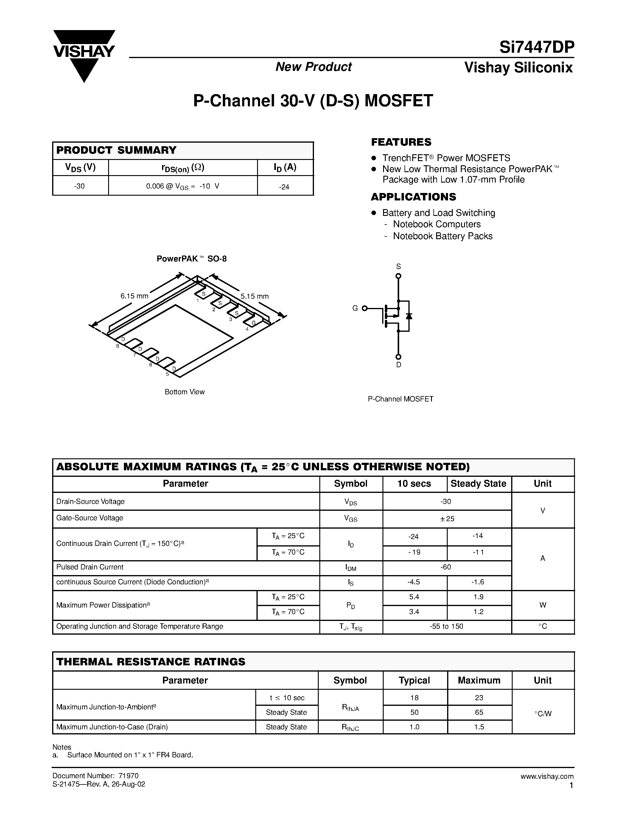 Даташит на микросхему SI7447DP страница 1 Даташит SI7447DP - P-Channel 30-V (D-S) MOSFET страница 1