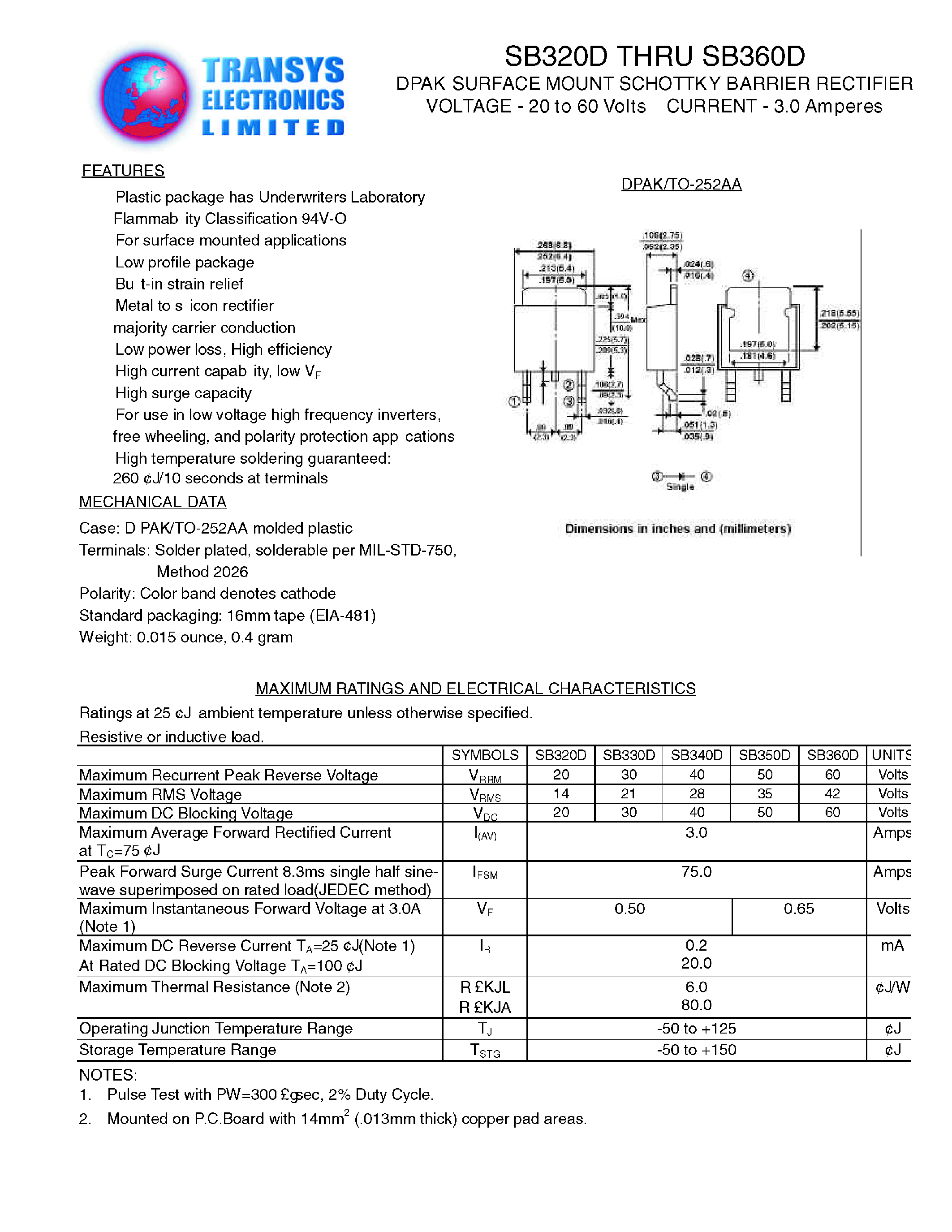 Datasheet SB330D page 1 Datasheet SB330D - DPAK SURFACE MOUNT SCHOTTKYBARRIER RECTIFIER page 1