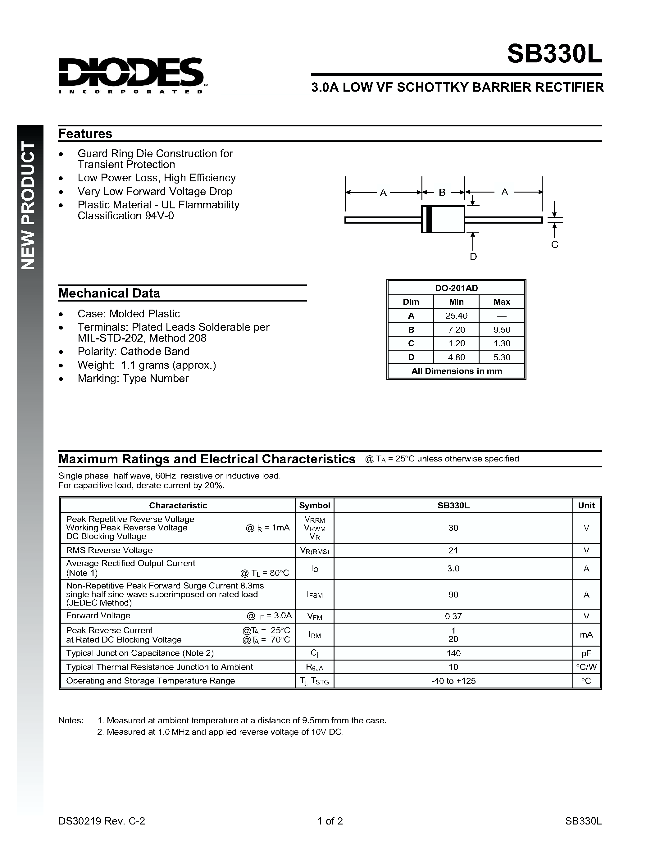 Datasheet SB330L - 3.0A LOW VF SCHOTTKY BARRIER RECTIFIER page 1
