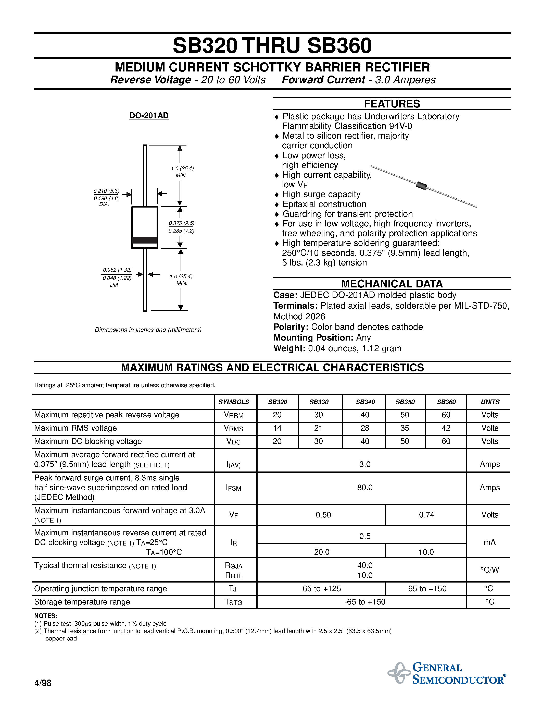 Datasheet SB350 - MEDIUM CURRENT SCHOTTKY BARRIER RECTIFIER page 1