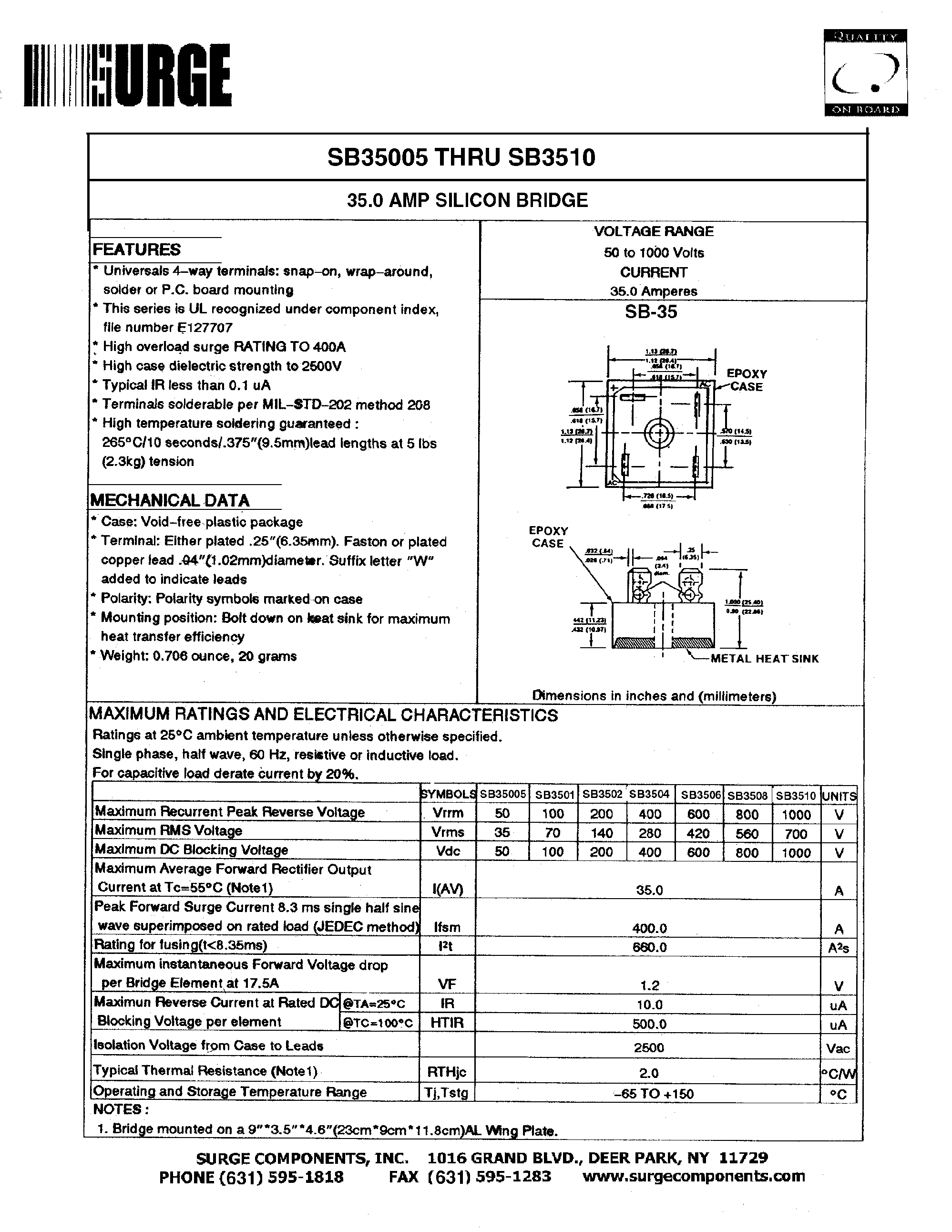 Datasheet SB3508 page 1 Datasheet SB3508 - 35.0 AMP SILICON BRIDGE page 1