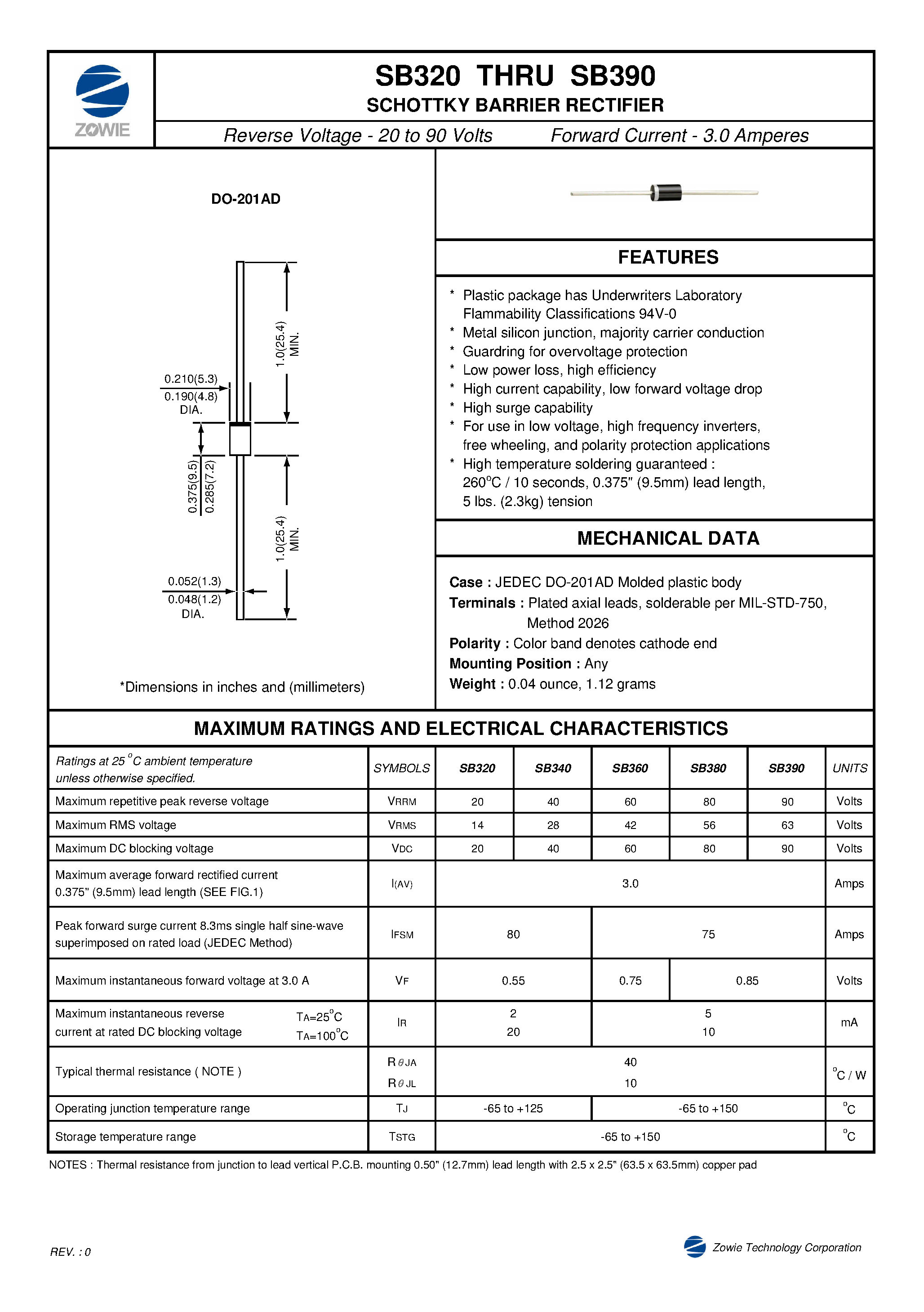 Datasheet SB380 page 1 Datasheet SB380 - SCHOTTKY BARRIER RECTIFIER page 1