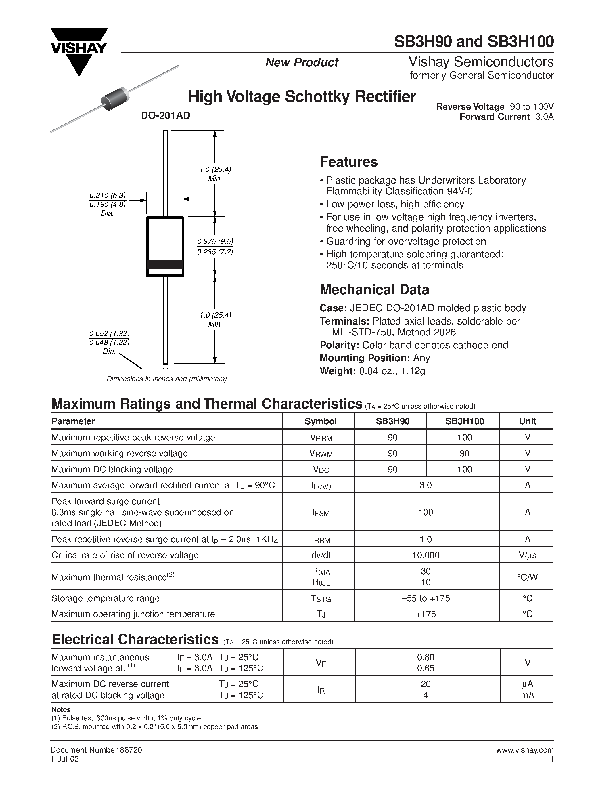 Datasheet SB3H90 page 1 Datasheet SB3H90 - High Voltage Schottky Rectifier page 1