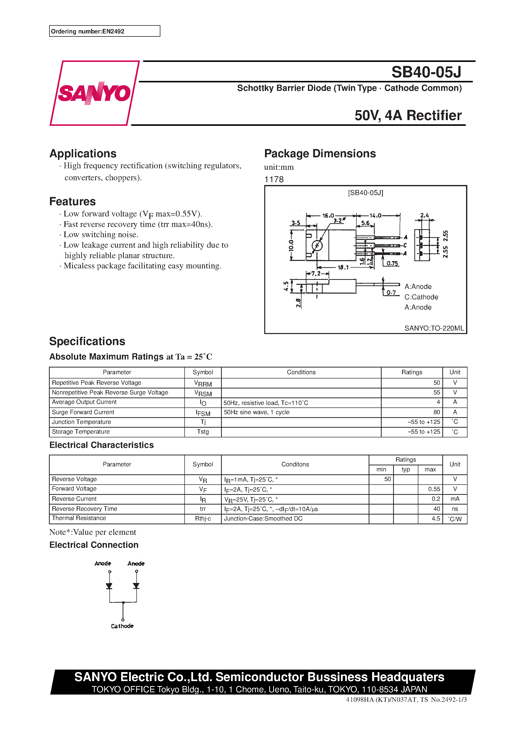 Datasheet SB40-05J - 50V/ 4A Rectifier page 1